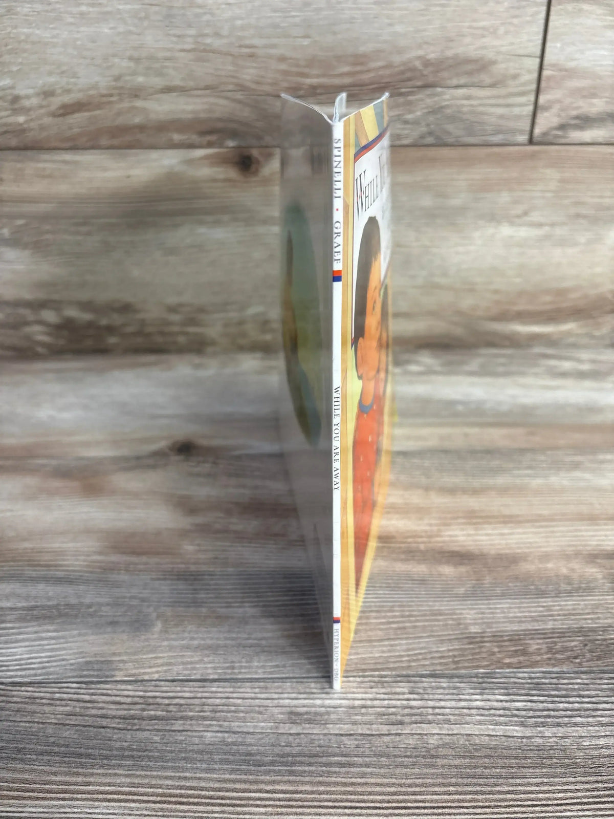 Side view of While You Are Away paperback showing thin spine and clear protective sleeve on wood-grain surface
