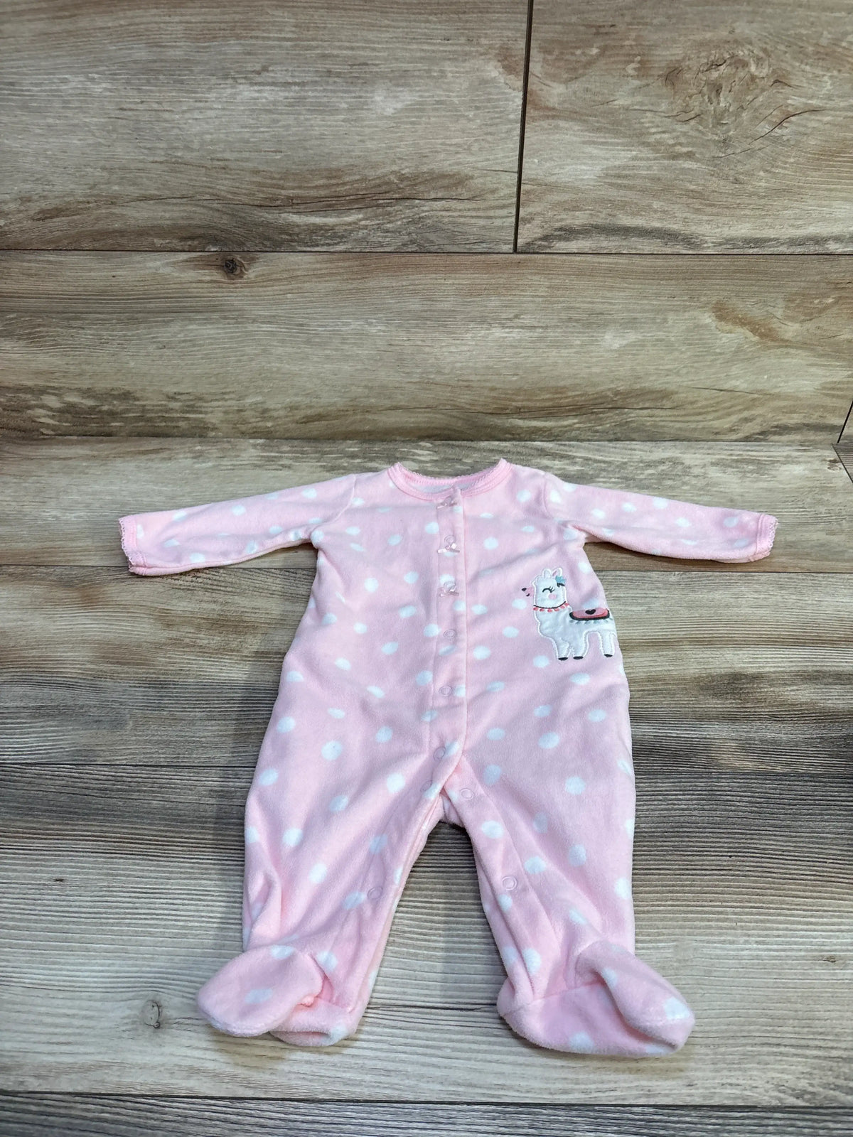 Carter's pink snap blanket sleeper with white polka dots and a llama graphic, size 3m