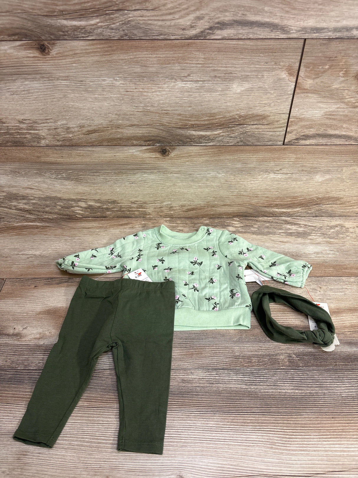 NEW Cat & Jack 3pc Ribbed Floral Sweatshirt & Bottoms Set Green sz 0-3m