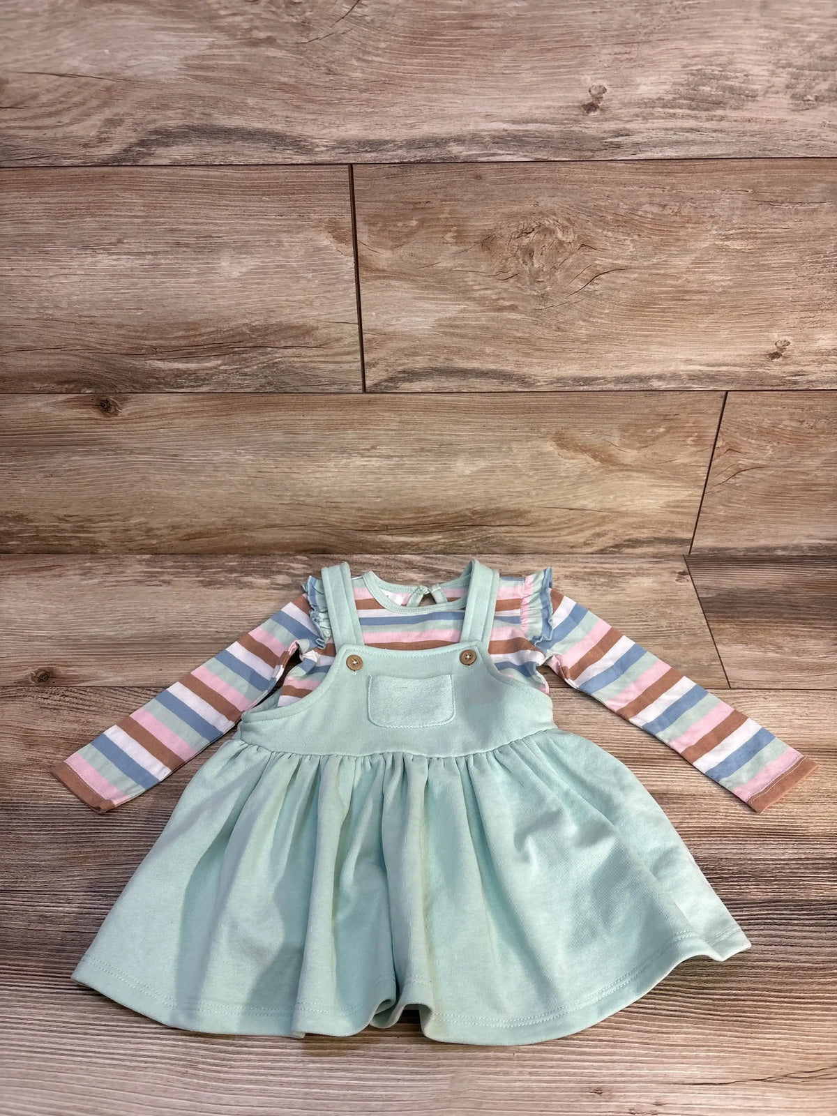 Pastel striped long sleeve shirt with mint green corduroy toddler overall dress