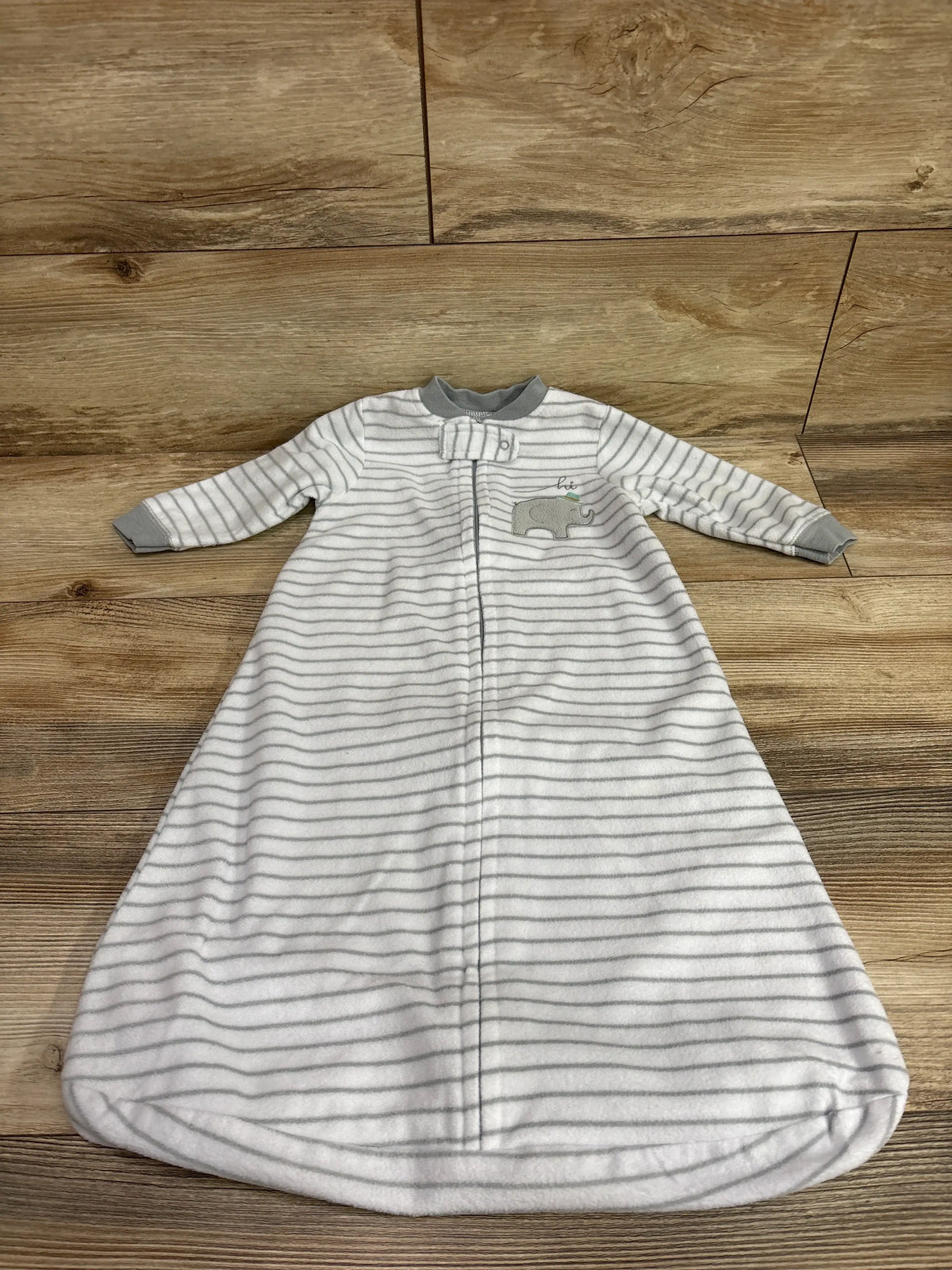 White and grey striped Hudson Baby fleece sleep sack for infants 0-3 months.