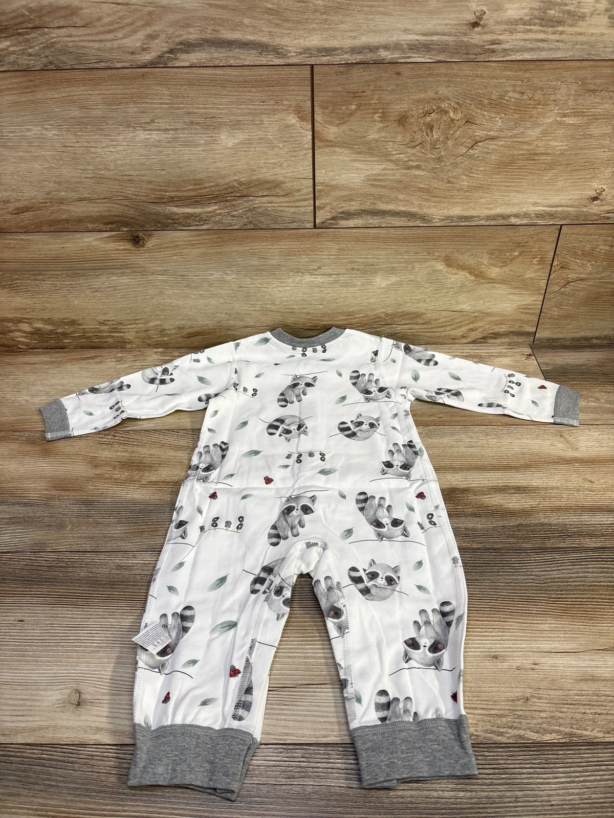 Cherie Kids white raccoon print snap coverall for baby size 6-9m with grey trim