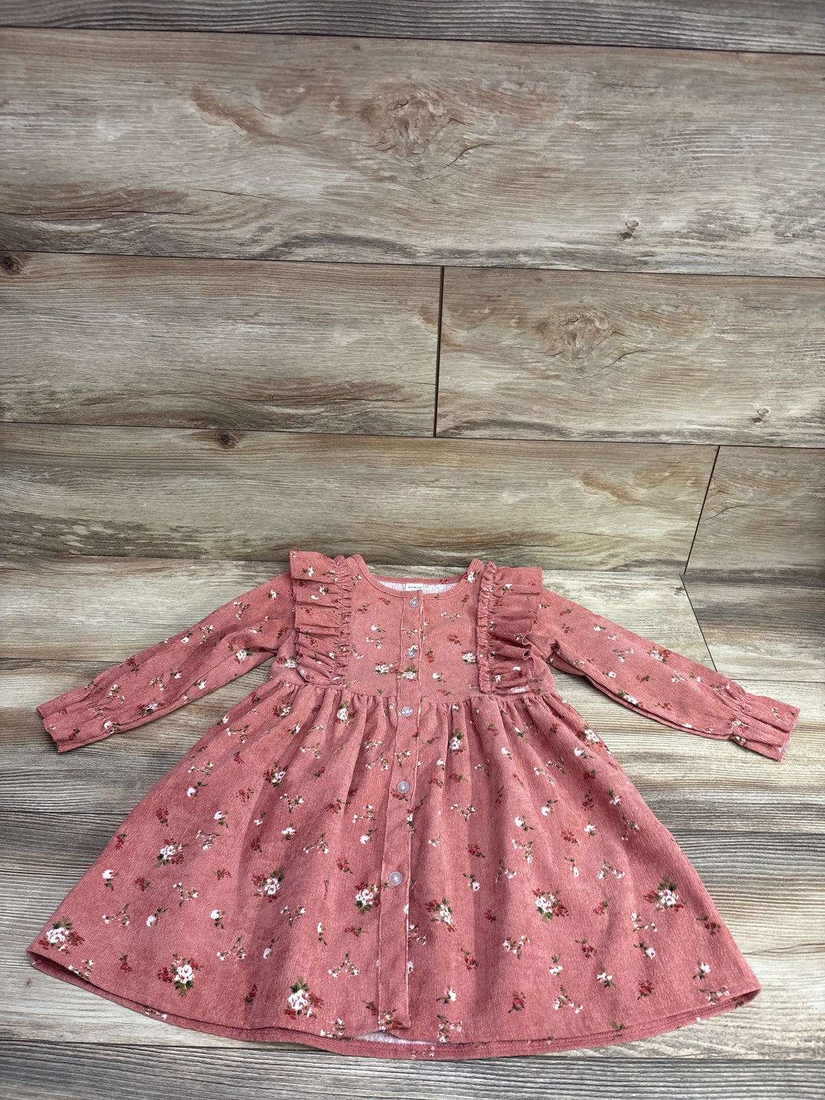 Shein pink long sleeve floral button-front dress for toddlers size 3-4T on wood background