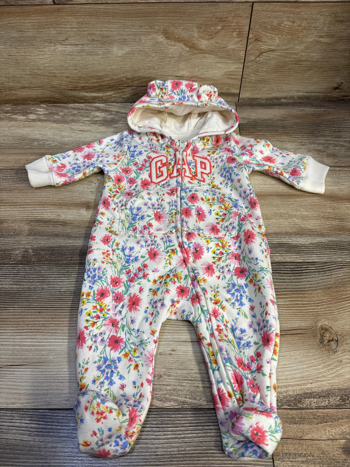 Baby Gap Logo 1pc Hooded Coverall Ivory Cream Frost Floral sz 0-3m