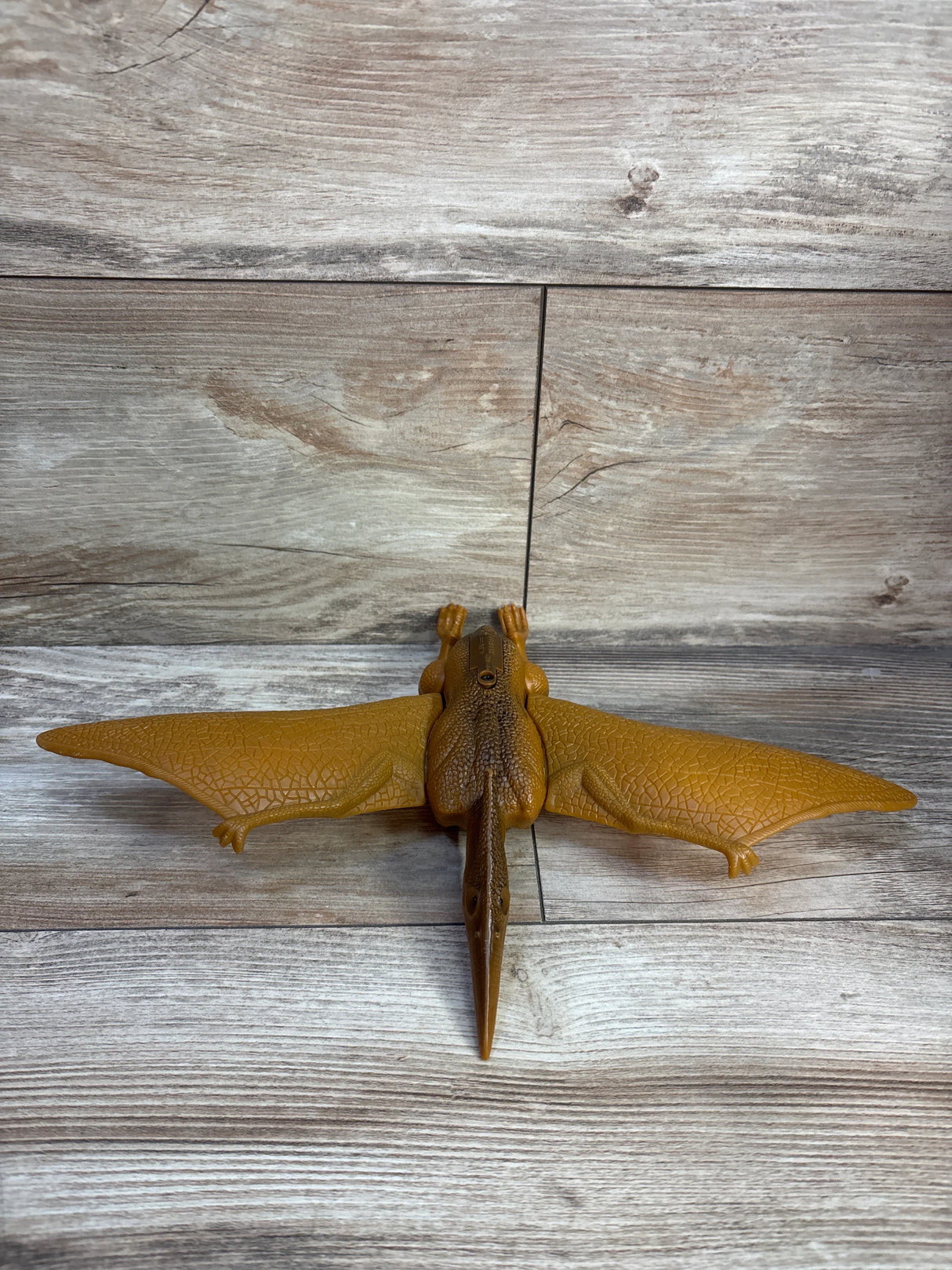 Top down view of Liberty Imports Light Up Pterodactyl toy showcasing textured wingspan and long beak on wood plank background