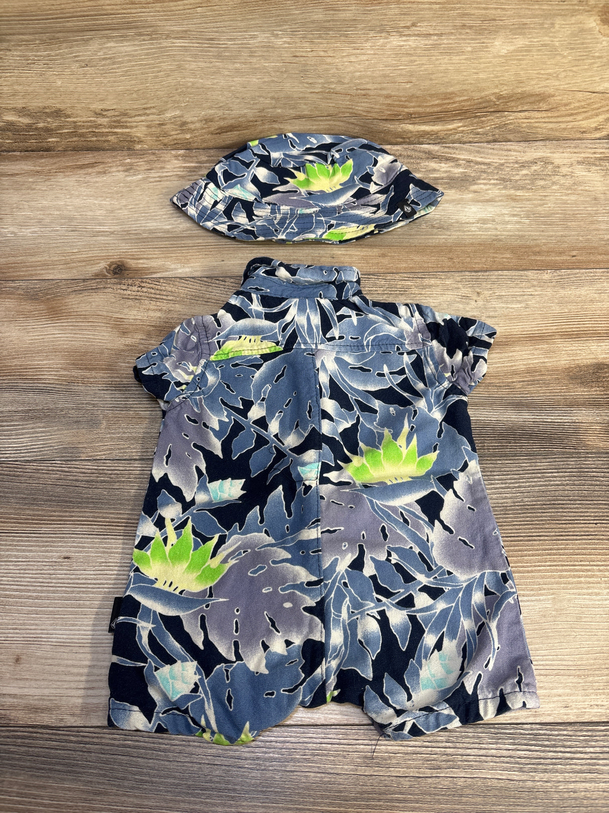 Volcom 2pc Polo Romper & Bucker Hat Set Blue sz 3/6m