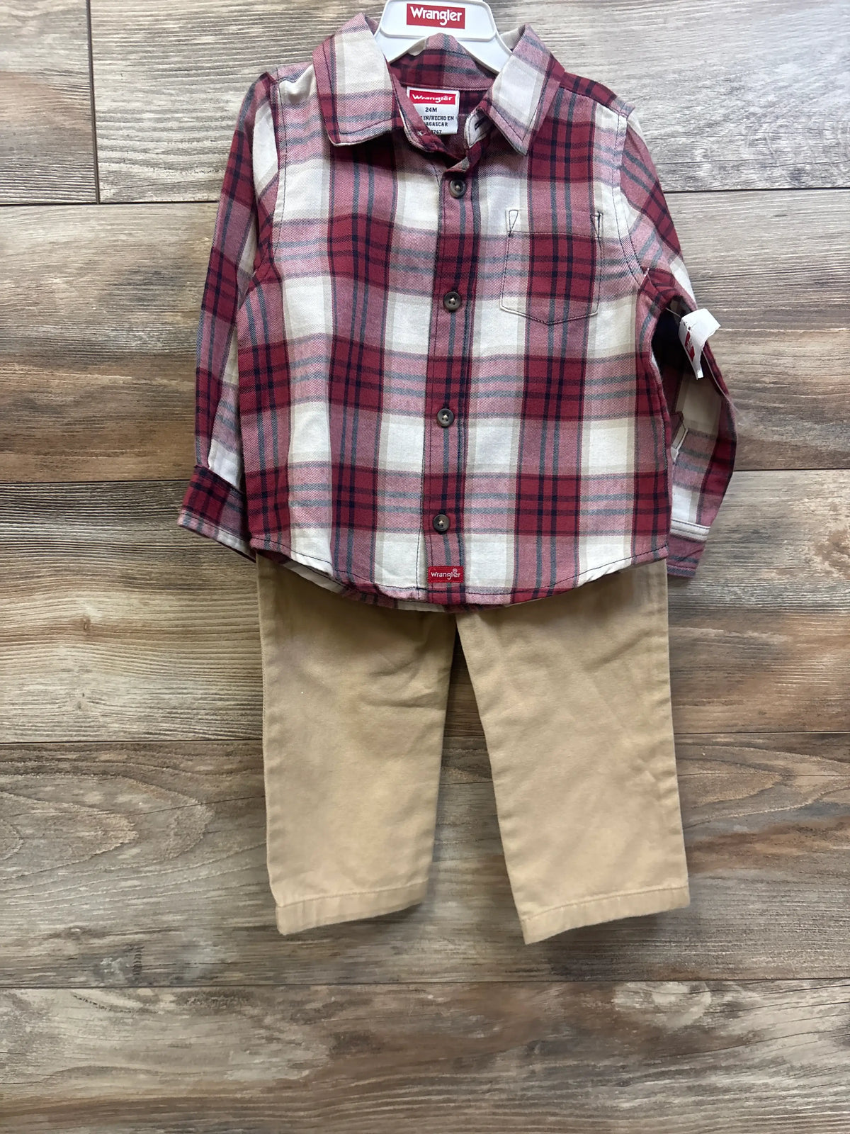 NEW Wrangler 2pc Button-Up Flannel Shirt & Pants Set Red sz 24m