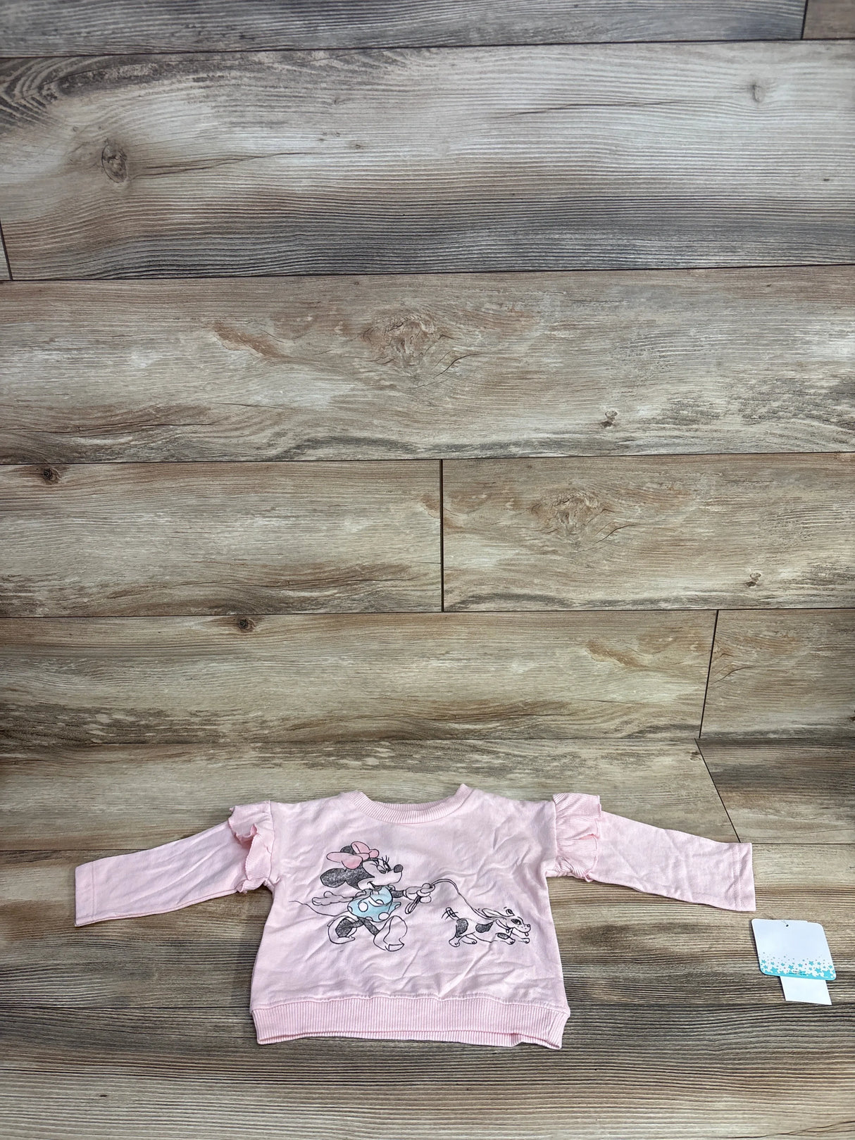 Pink long sleeve toddler shirt with cartoon character print, laid flat on wood floor