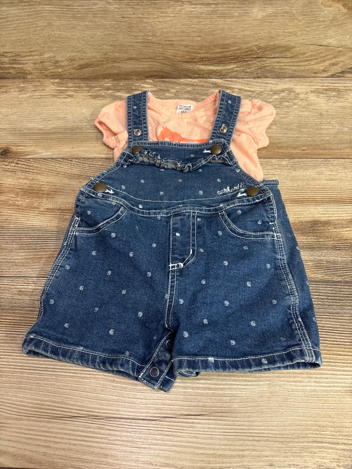 Carhartt 2pc Bodysuit & Polka Dot Denim Shortalls Peach sz 12m