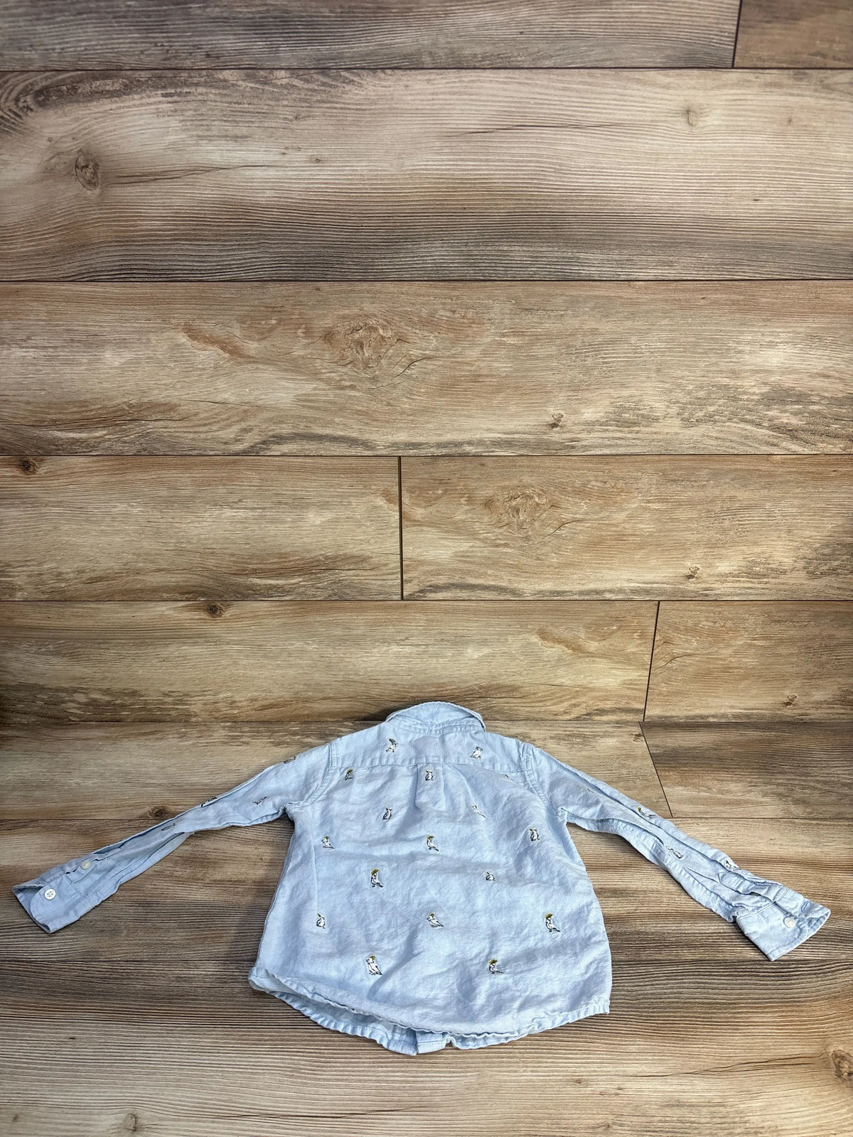 Back view of Janie & Jack blue embroidered linen-cotton button-up shirt showcasing bird icons and shirttail hem on wood floor