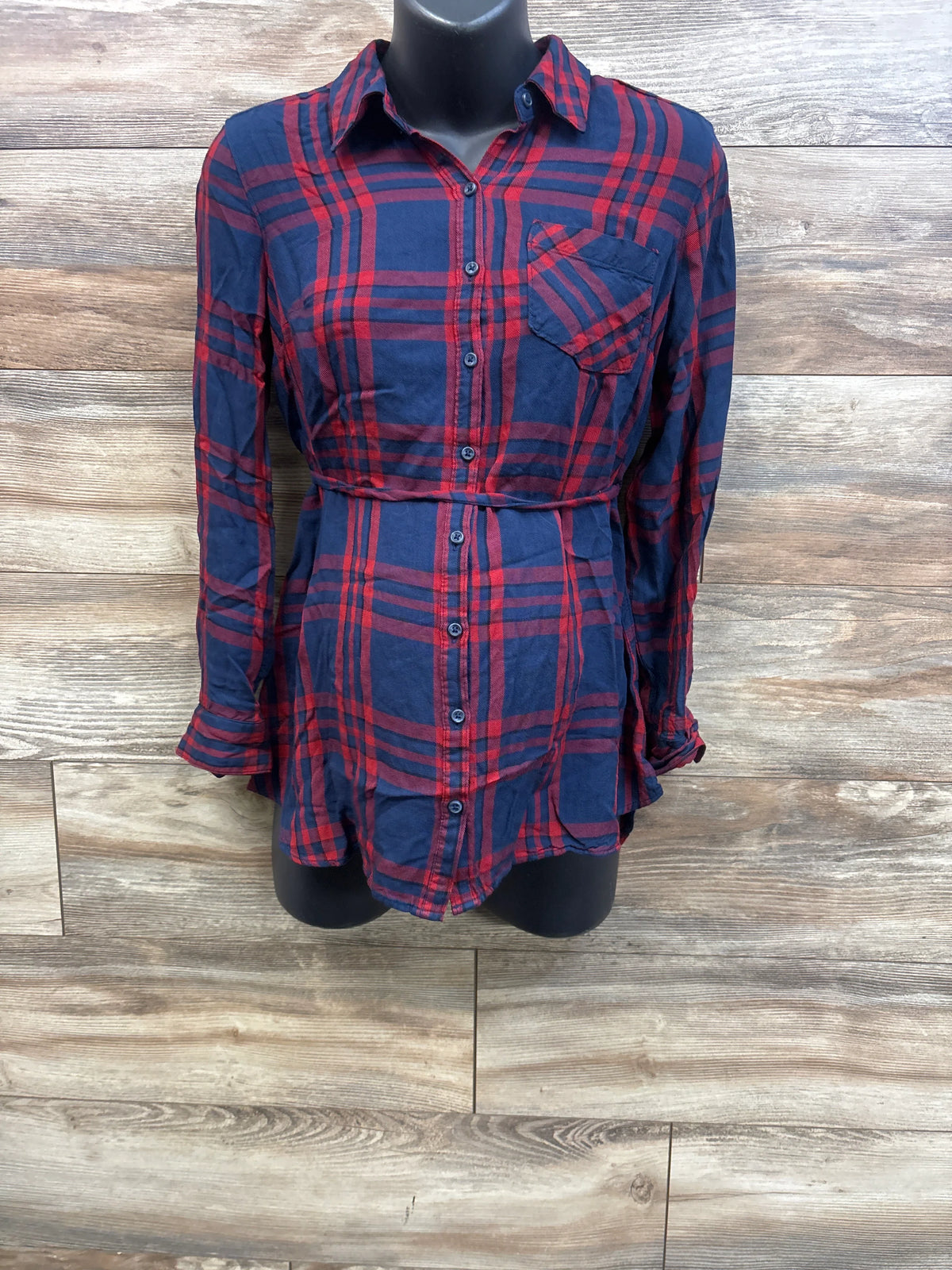 Isabel Maternity Plaid Waist Tie Flannel Navy sz XS