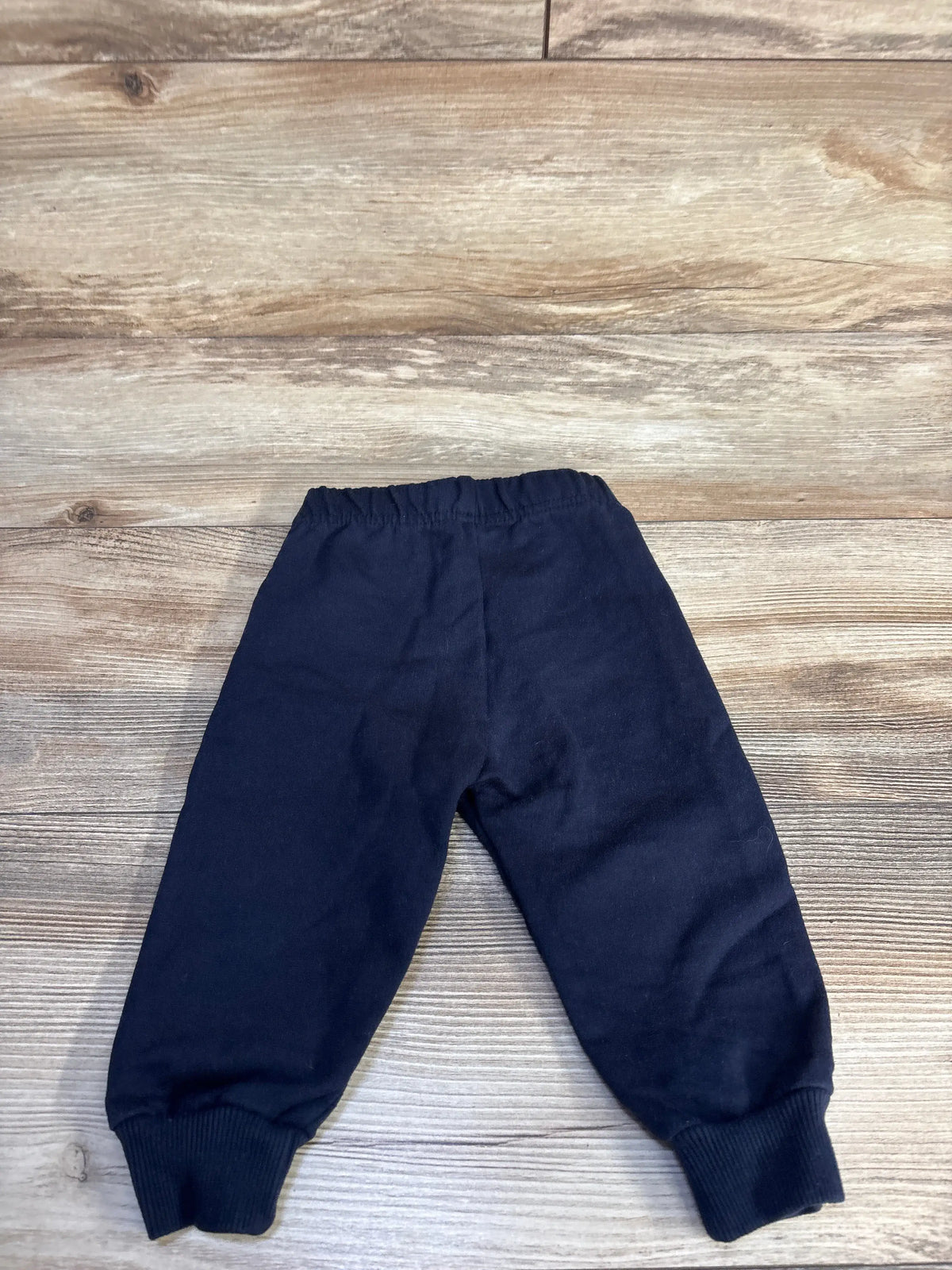 Front view of Champion navy joggers showcasing elastic waistband and tapered legs on a wood-grain background