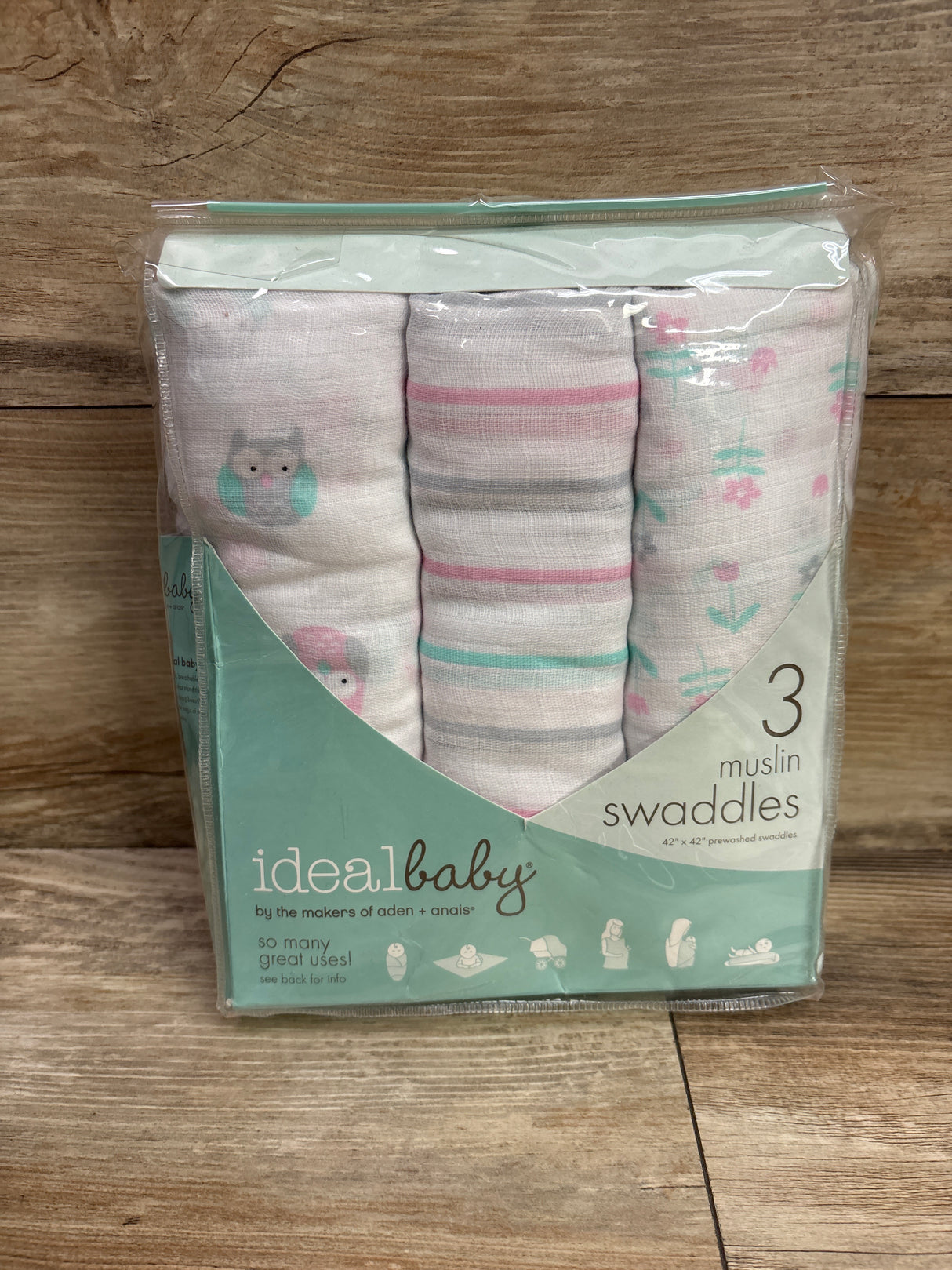 NEW Ideal Baby 3pk Muslin Swaddle Blankets 42x42''