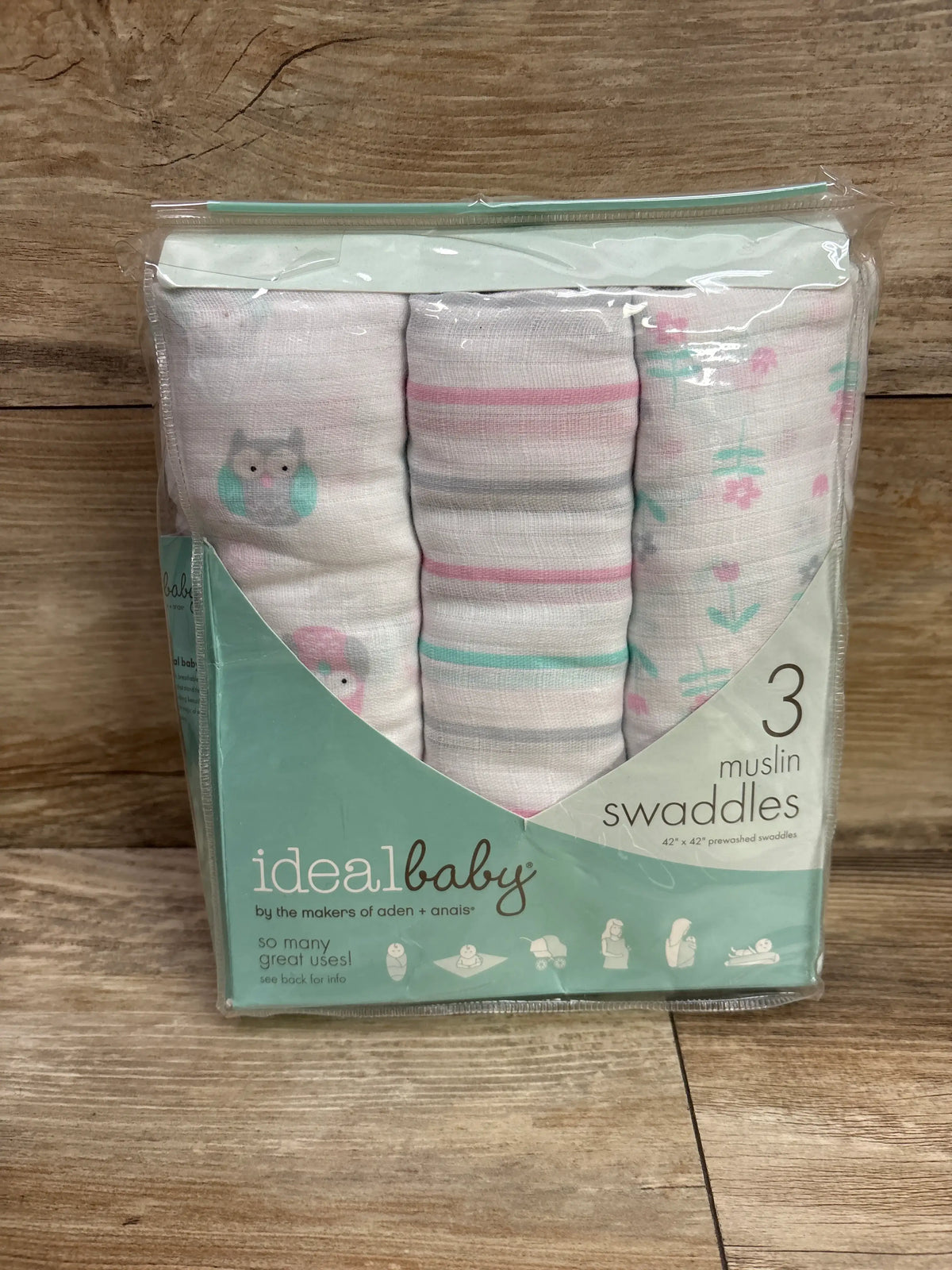 Ideal Baby 3-pack of 42x42 inch muslin swaddle blankets in pink and white patterns