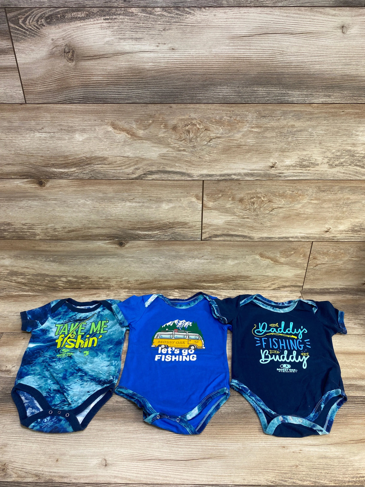Mossy Oak 3pc Tie-Dye Take Me Fishin' Bodysuits Blue sz 24m
