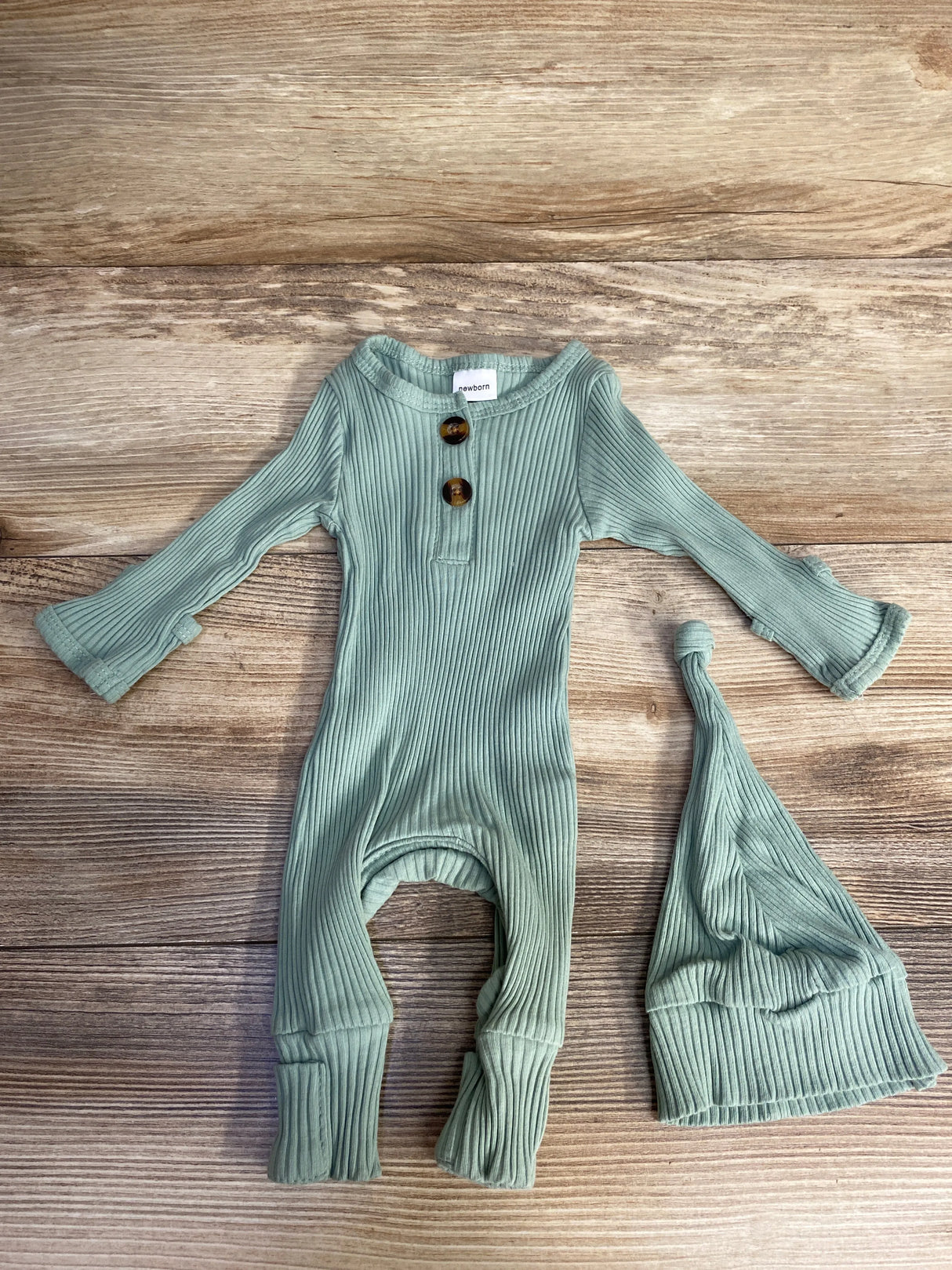Ribbed 2pc Coverall & Hat Set Green sz Newborn