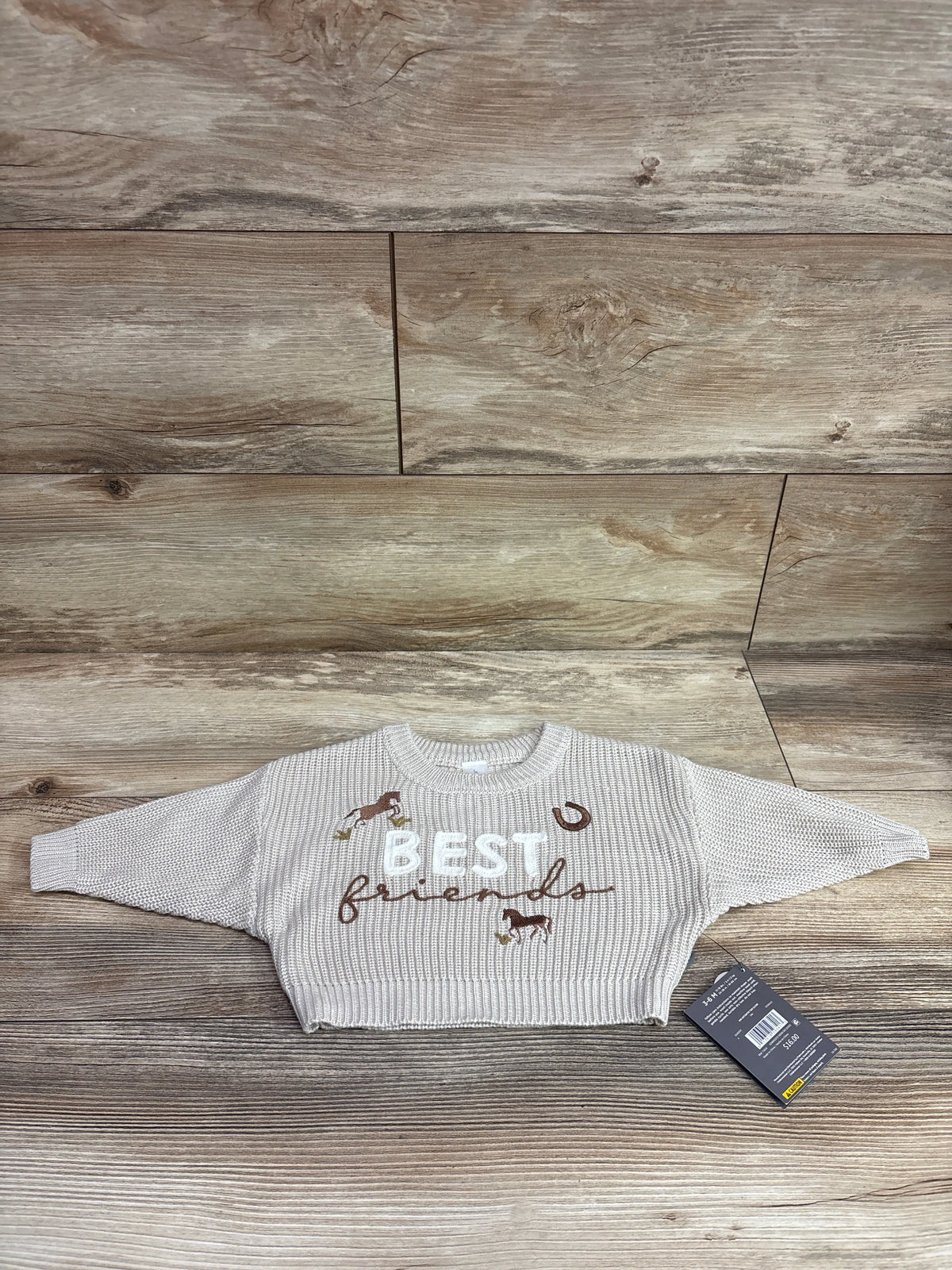 Front view of tan Modern Moments Best Friends knit sweater, size 3 to 6 months, with Best Friends graphic on wood flooring