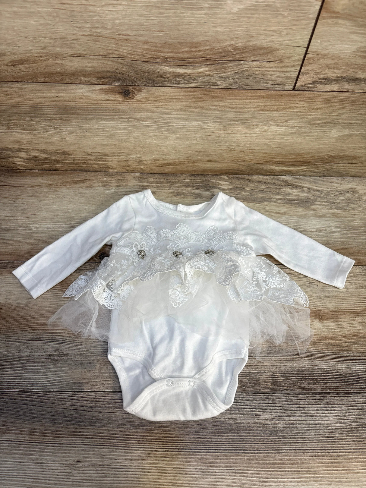 White infant long sleeve bodysuit with lace and tulle skirt, baby girl special occasion outfit