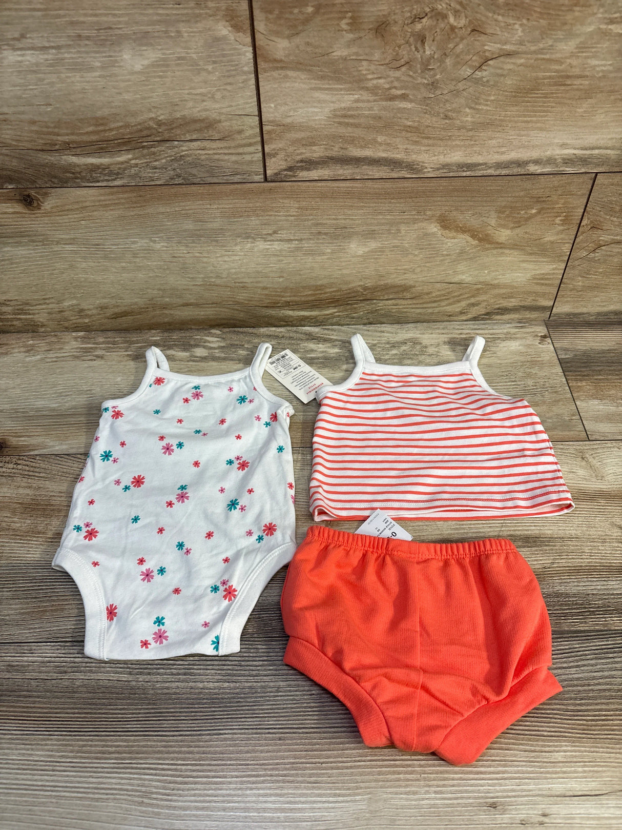NEW Cat & Jack 3pc Striped Top, Bodysuit & Shorts Set Coral sz 0-3m
