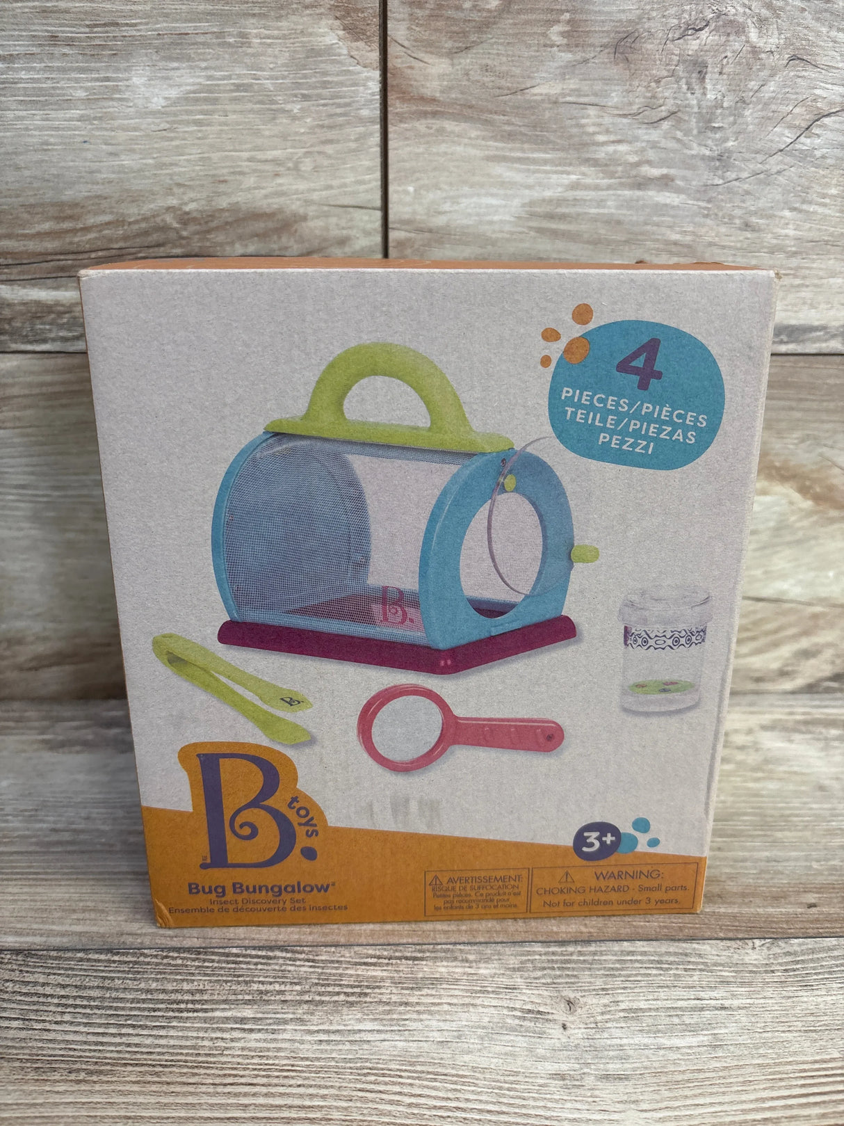 B. toys Bug Bungalow insect discovery set box on wood, includes bug house, magnifier, tweezers, jar