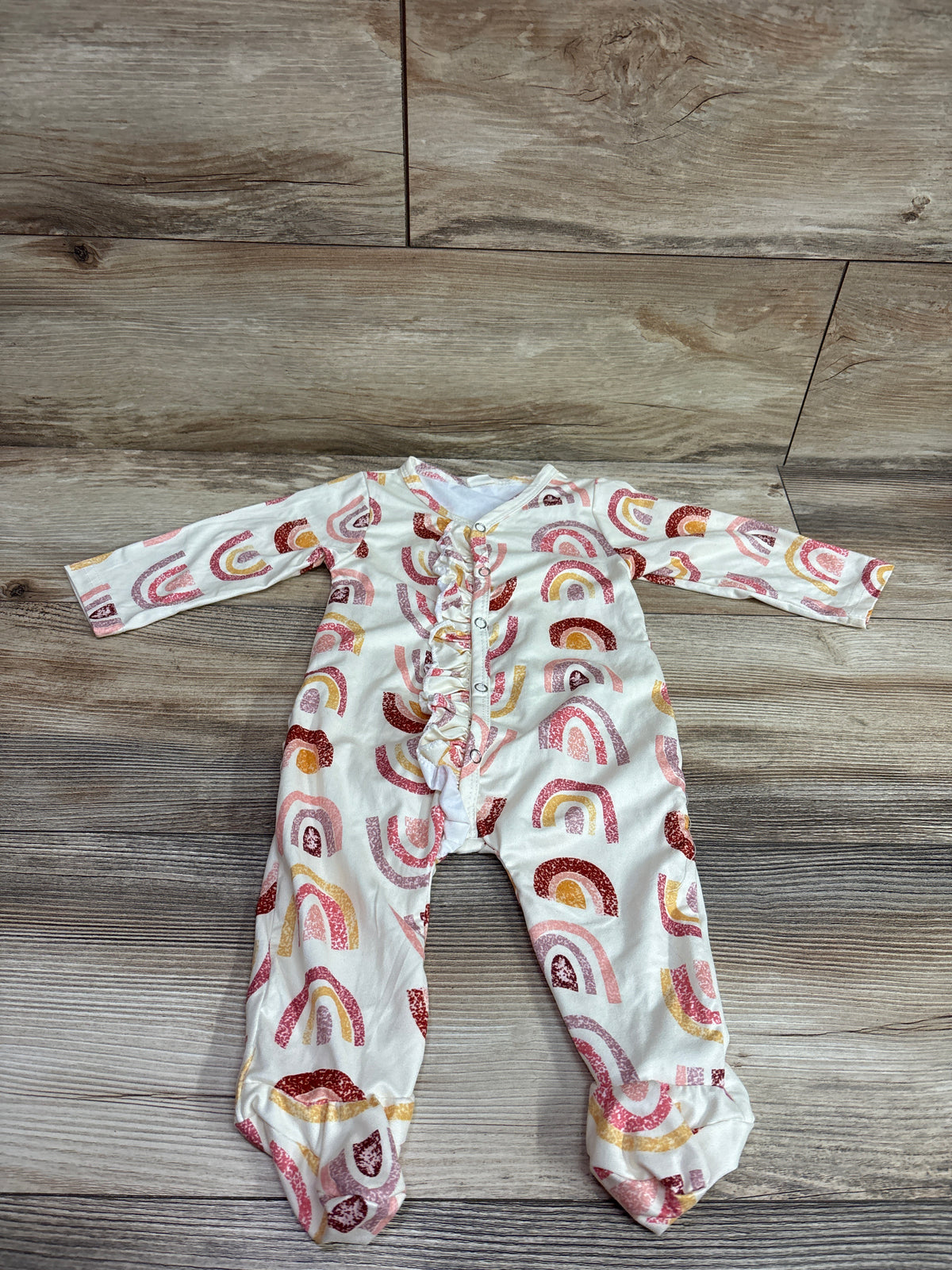 Rainbow Print Ruffle Snap Sleeper Ivory sz 6-12m