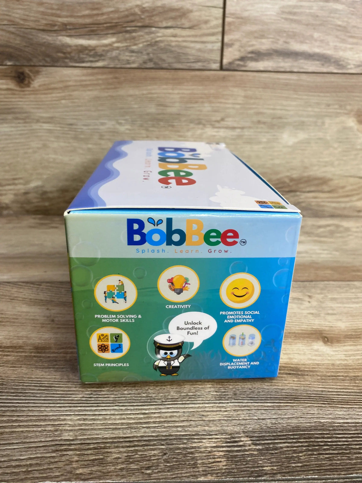 BobBee educational toy box highlighting problem solving, creativity, social skills, STEM, and water play benefits
