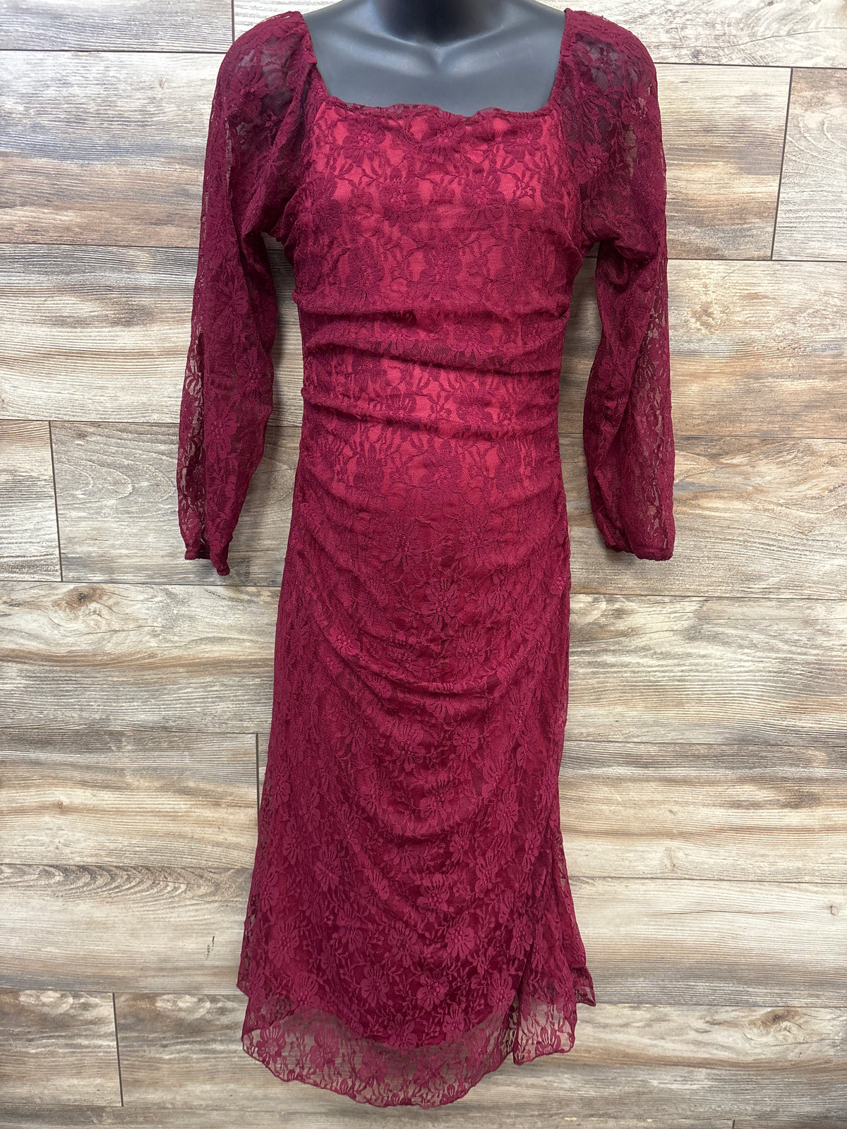Guruixu Maternity Long Sleeve Lace Ruched Dress Red sz Medium