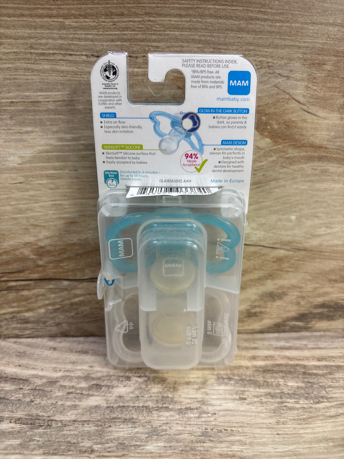 NEW MAM Air Night 2pk Pacifiers, Glow-in-the-Dark Blue/Clear 6m+