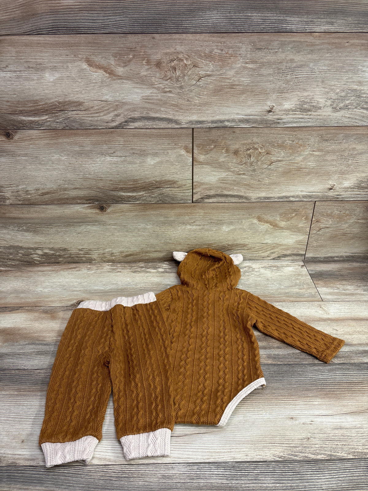 Odeerbi 2pc Knit Hooded Henley Bodysuit & Pants Set Brown sz 6-9m