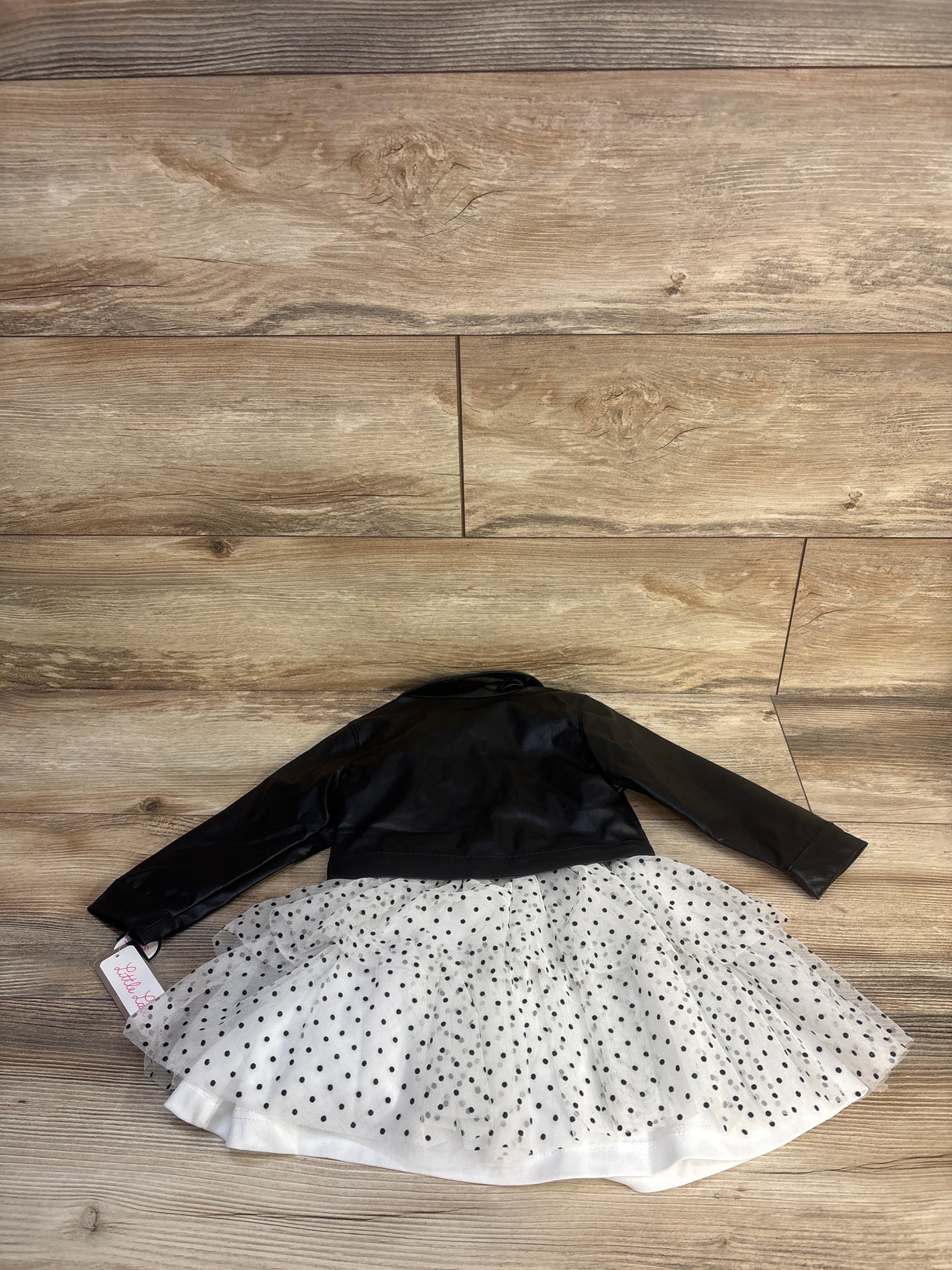 NEW Little Lass 2pc Polka Dot Tulle Dress & Faux Leather Jacket Black sz 18m