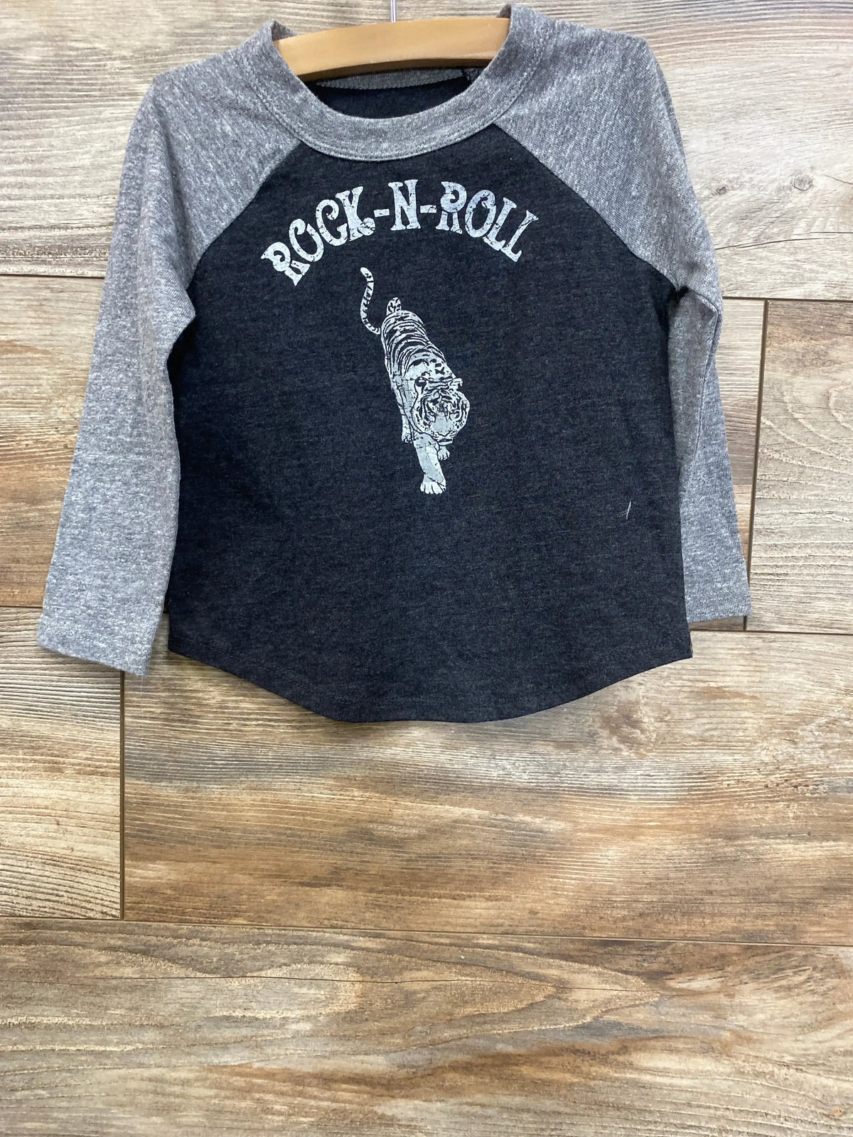 Kids long sleeve shirt with Rock-N-Roll text and tiger graphic, gray and black colorblock design
