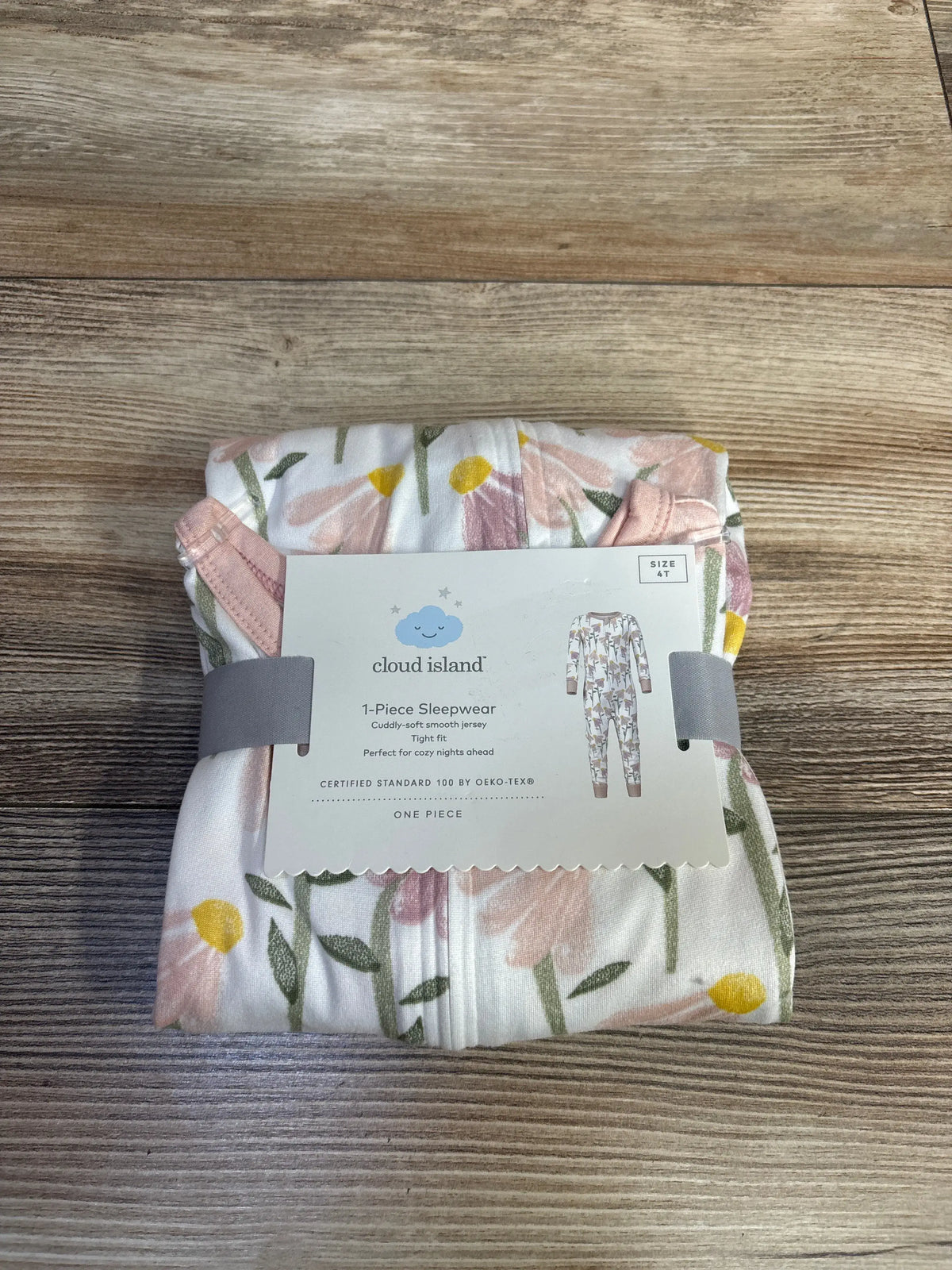 New white Cloud Island floral footless sleeper for toddlers, size 4T, folded with tag.