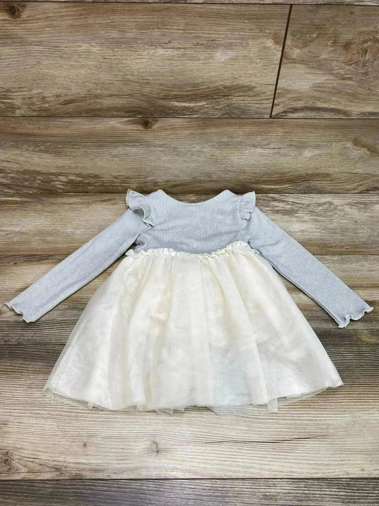 Front view of toddler grey Old Navy fit-and-flare rib knit dress showcasing ruffle tutu skirt, size 2T on white background