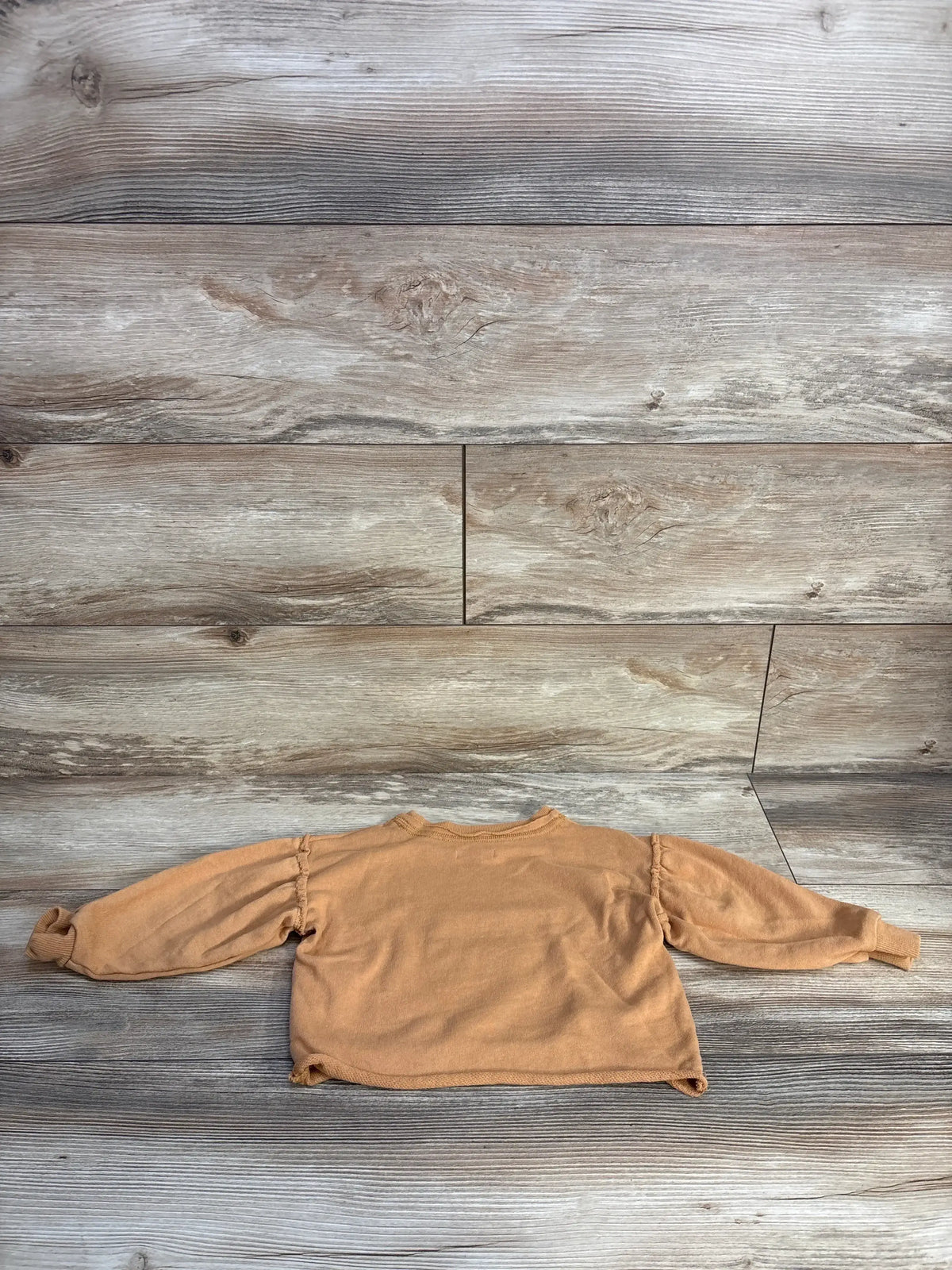 Back view of bronze toddler pullover sweater showing gathered sleeve detail, size 2T on wooden floor