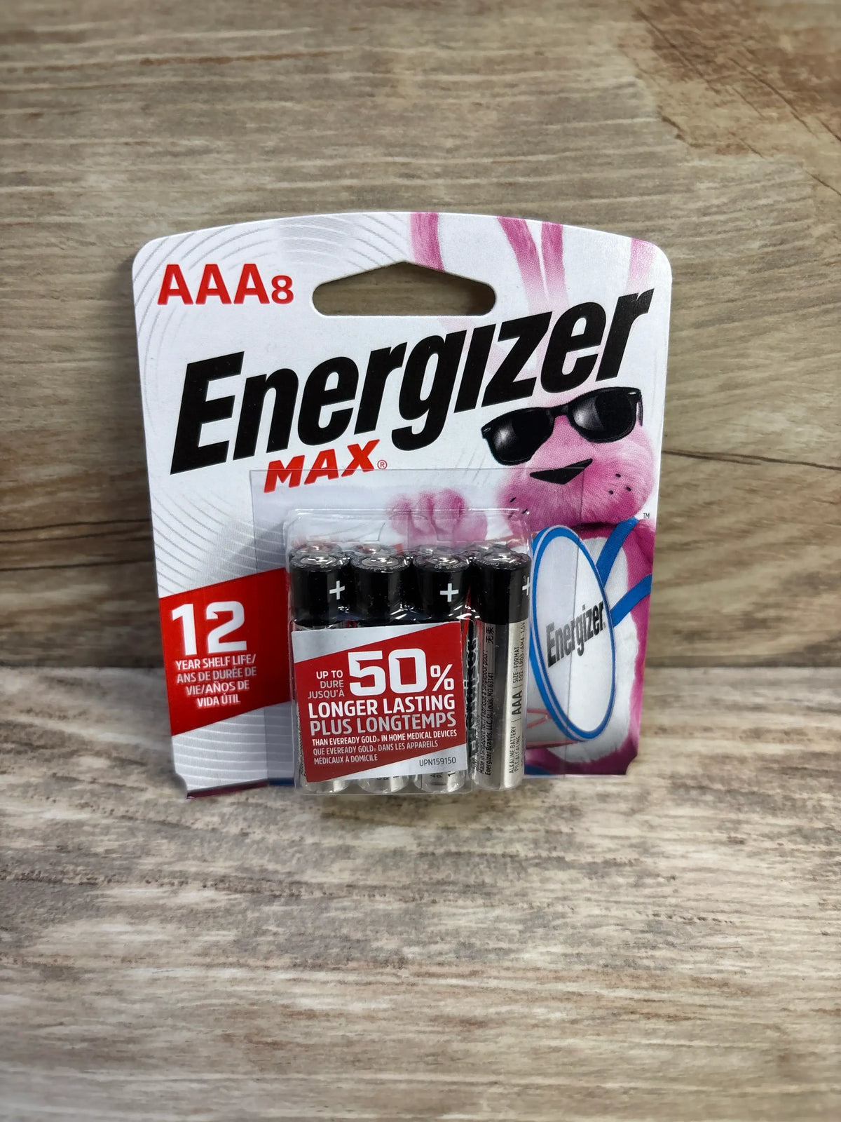 Front view of Energizer Max AAA 8-pack blister showing 50 percent longer lasting claim and 12 year shelf life