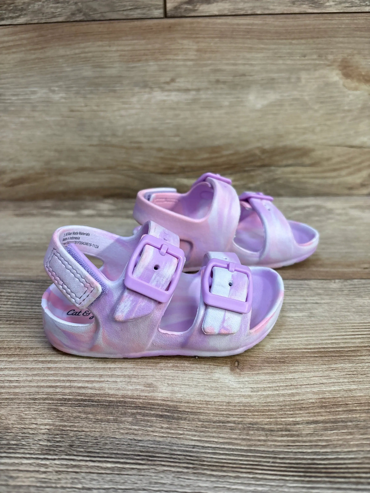 Cat & Jack purple tie-dye double buckle sandals for kids size 5c on a wood floor