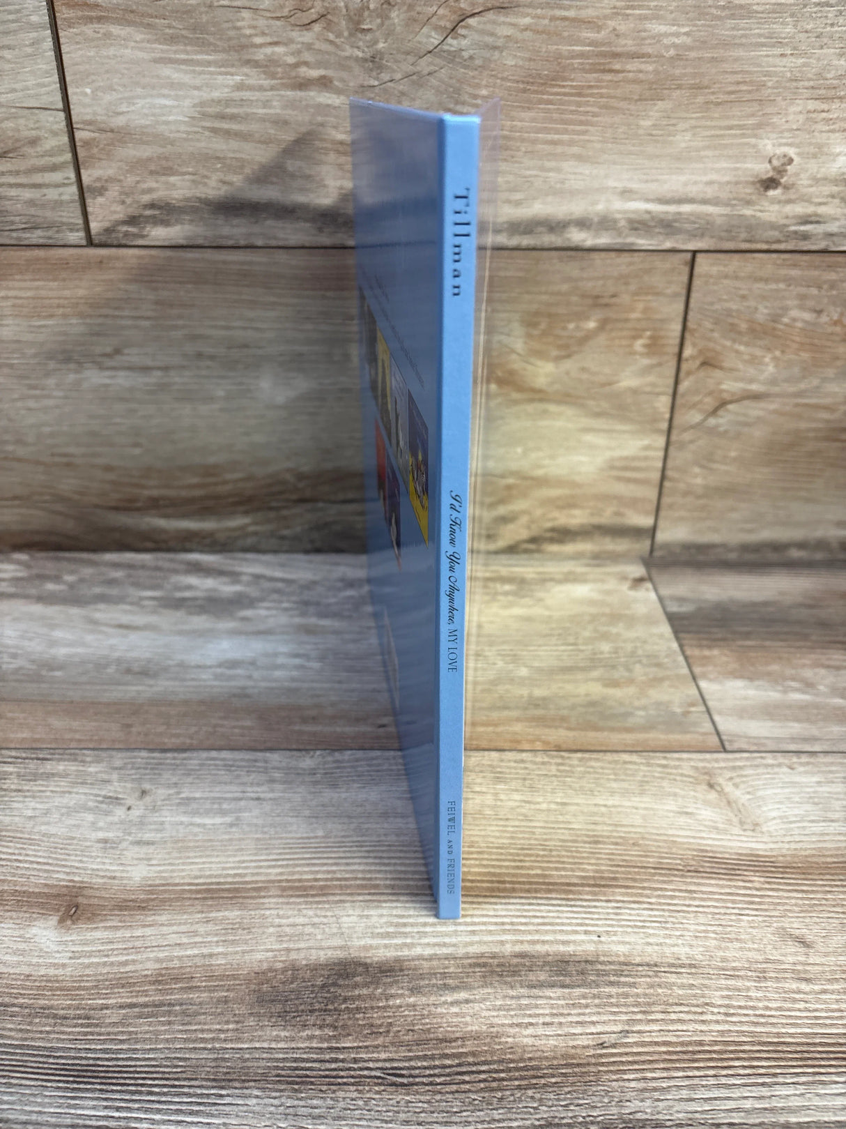 Side view of I’d Know You Anywhere, My Love hardcover book showing light blue spine and shrinkwrap on wood background