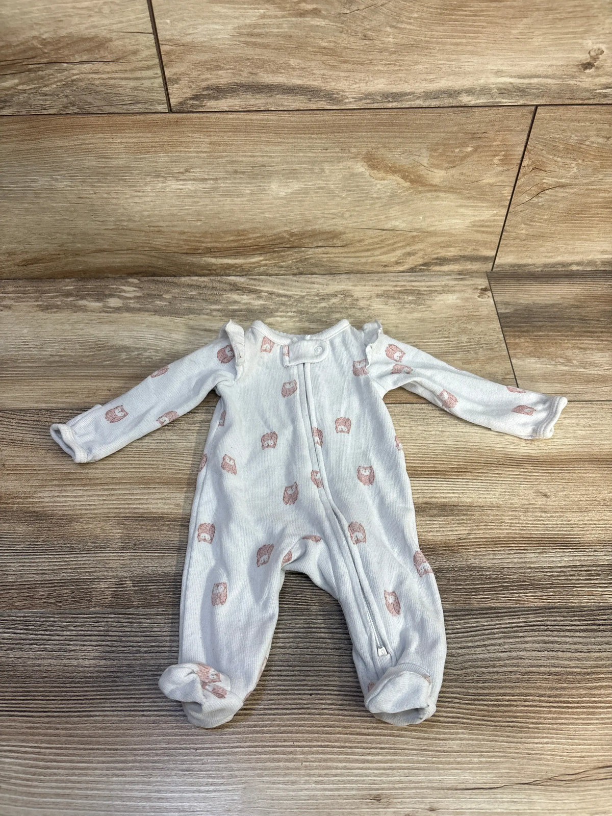 Front view of Child Of Mine blue owl sleeper in preemie size with owl print, footed legs, and front zipper