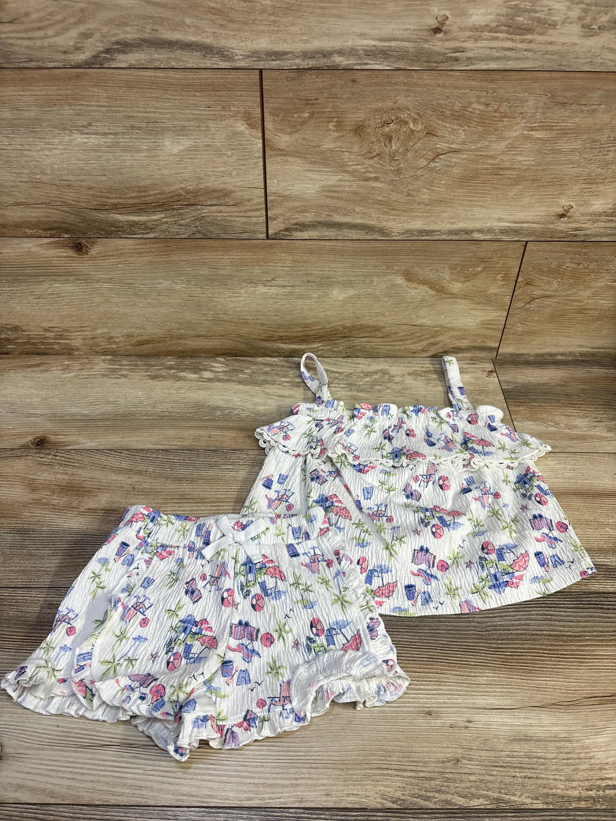 Tommy Bahama white crinkle 2-piece tank top and shorts set for kids with beach print