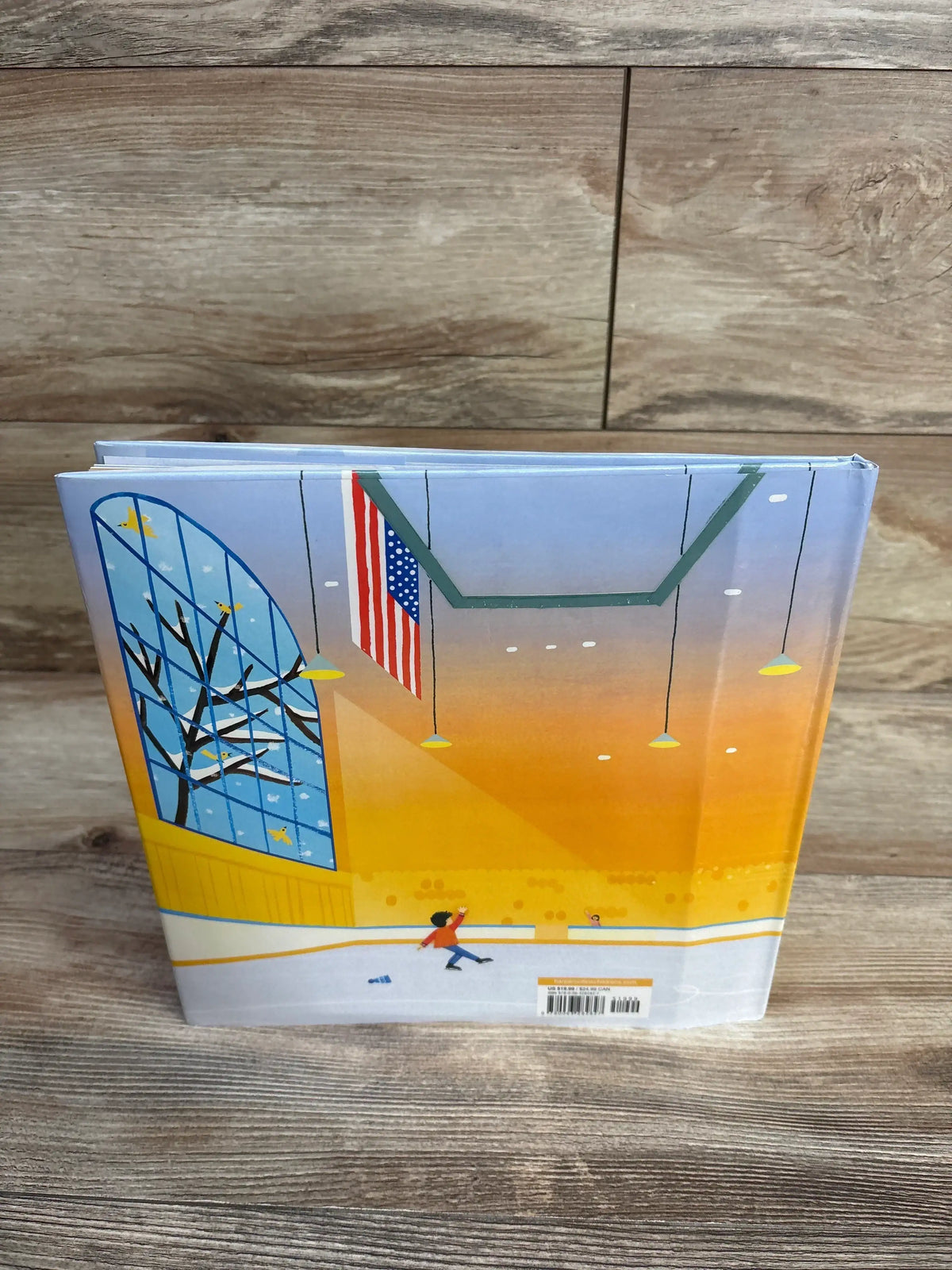 Back cover of Wei Skates On hardcover book showing illustrated indoor ice rink with American flag, warm sunset lighting, and small skating figure on a wood surface