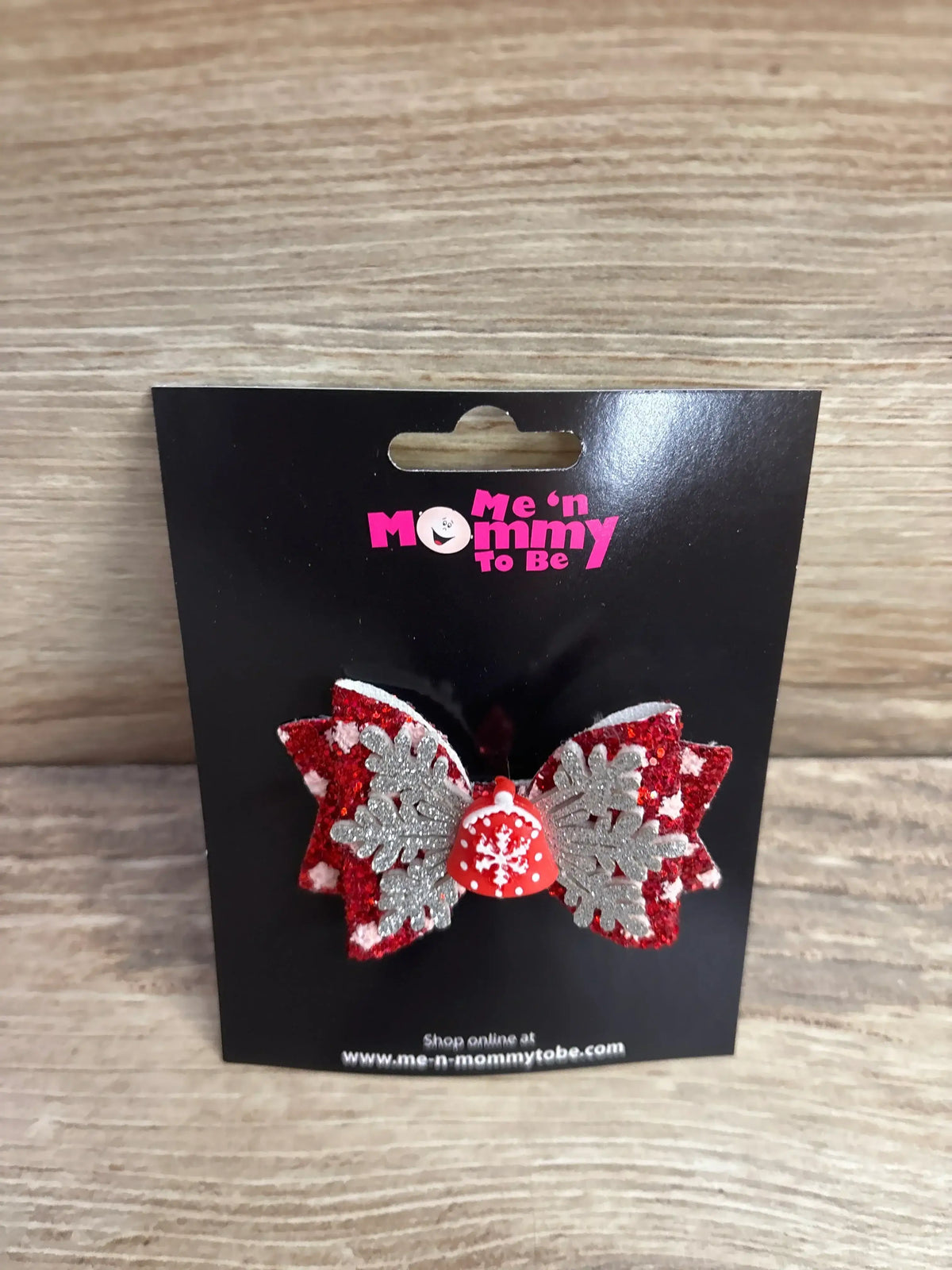 Red glitter bow with silver snowflakes and bell, kids holiday hair accessory