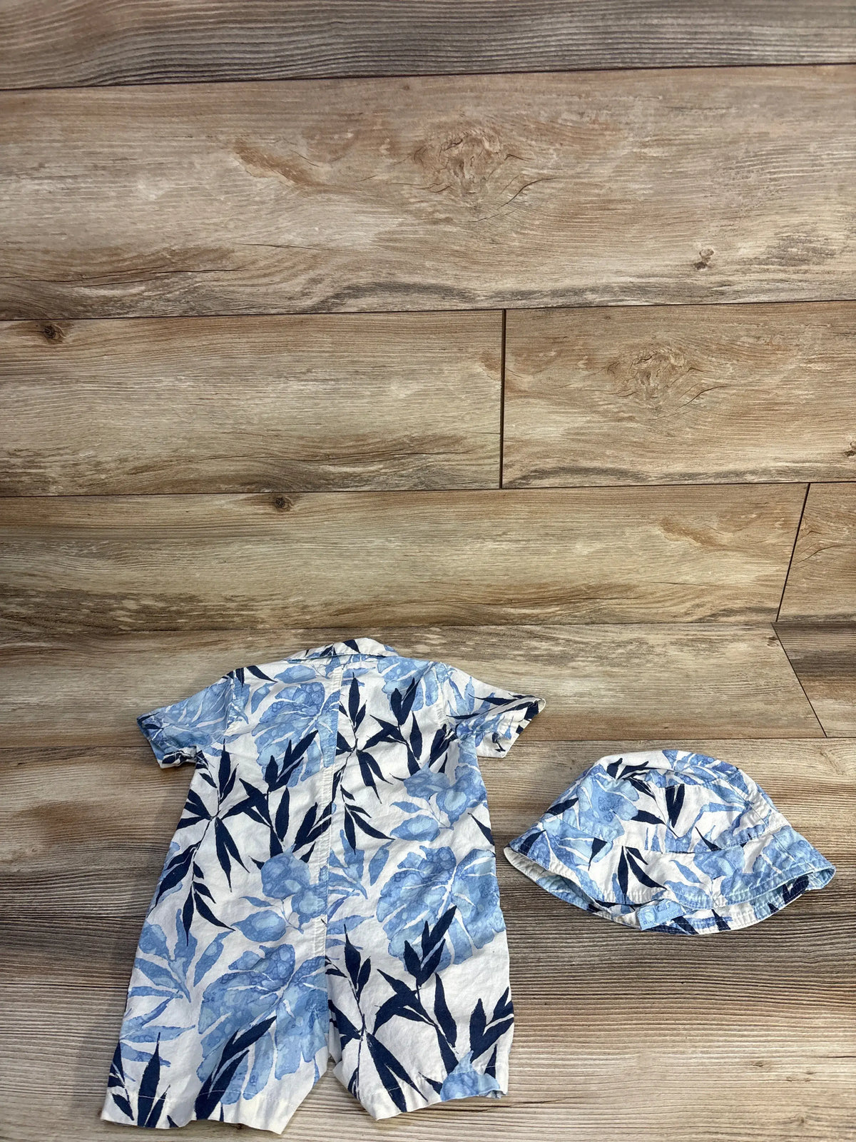 Children's Place white and blue tropical polo romper and matching bucket hat set