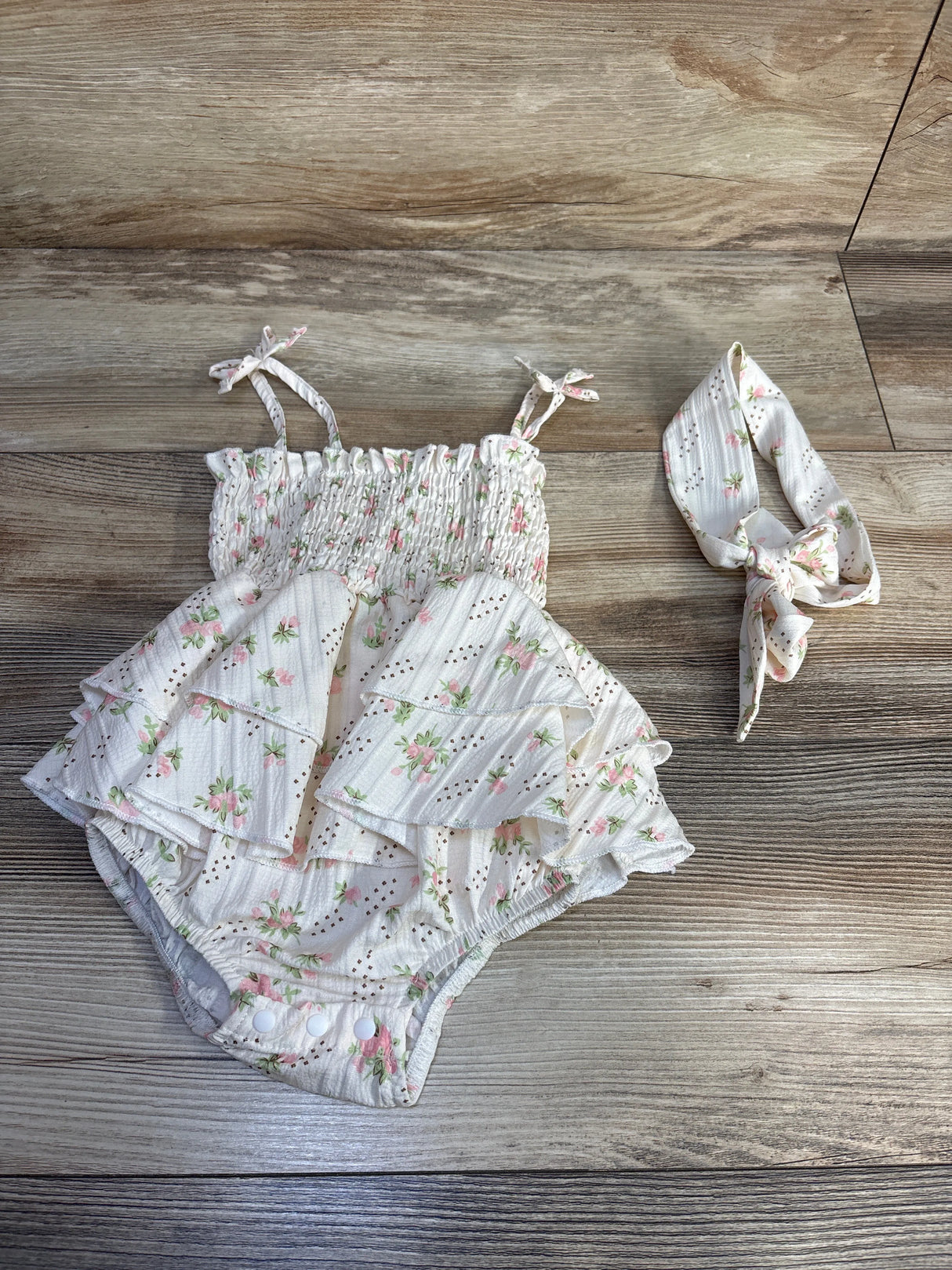 Partclots 2pc Sleeveless Ruffle Skirted Romper & Headband Set Ivory sz 6-9m