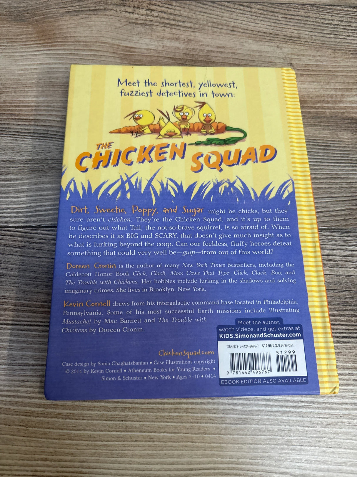 Back cover of The Chicken Squad children's book on wood table, colorful chick illustration, summary text