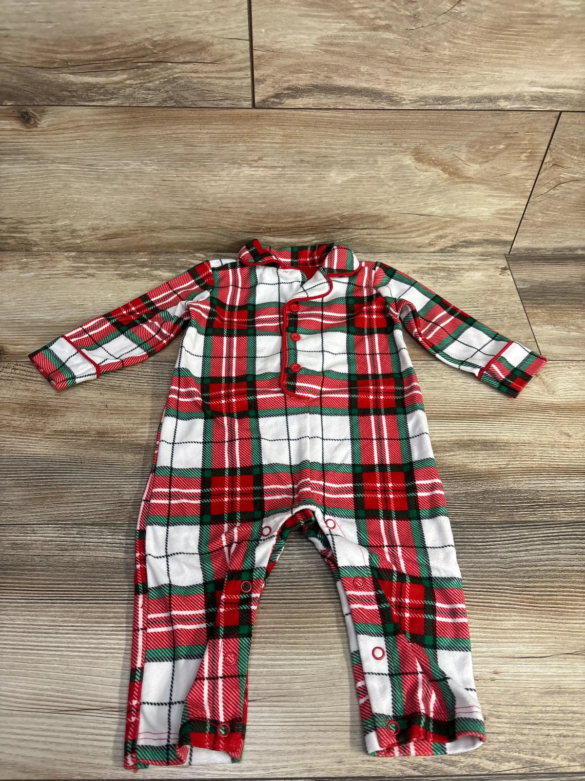 Red green white plaid baby pajamas with buttons, festive holiday sleepwear for infants