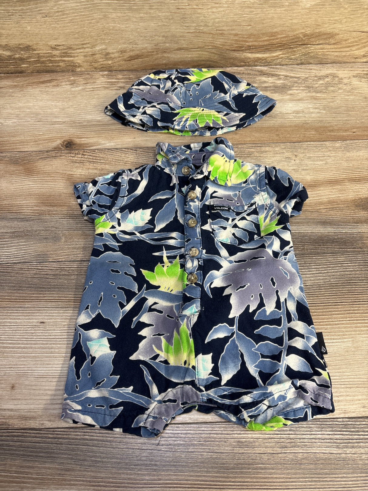 Volcom 2pc Polo Romper & Bucker Hat Set Blue sz 3/6m