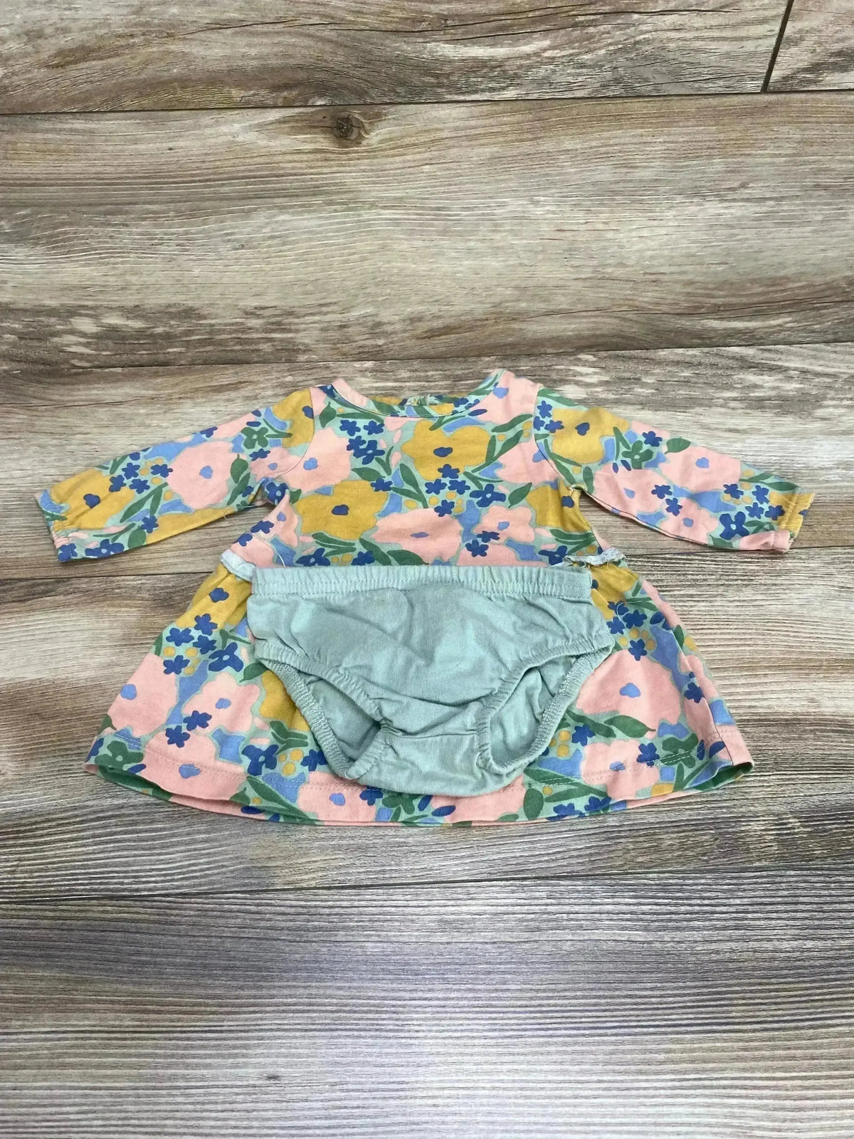 Front view of Just One You 2-piece pink floral baby dress with matching bloomers, size 3M, on white background