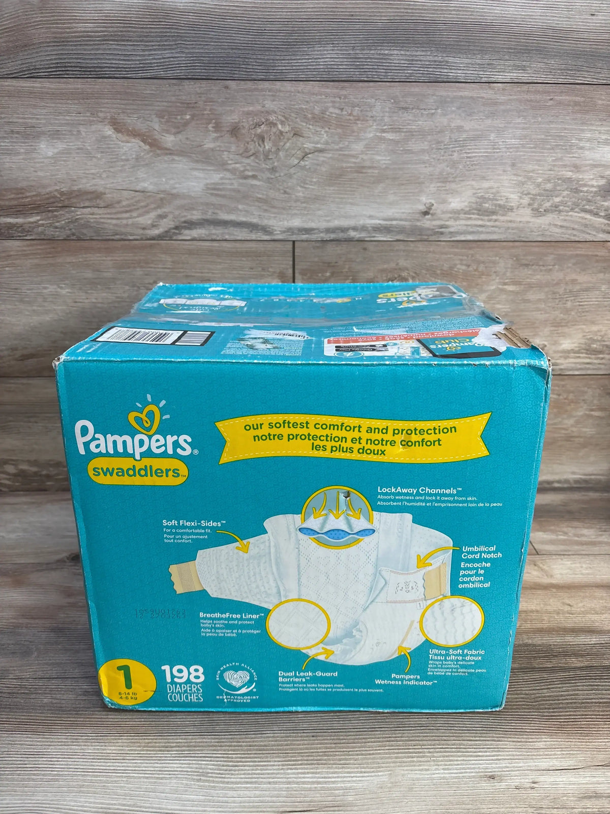 Pampers Swaddlers Size 1 diapers box, 198 count, soft comfort & protection for babies 8-14 lbs