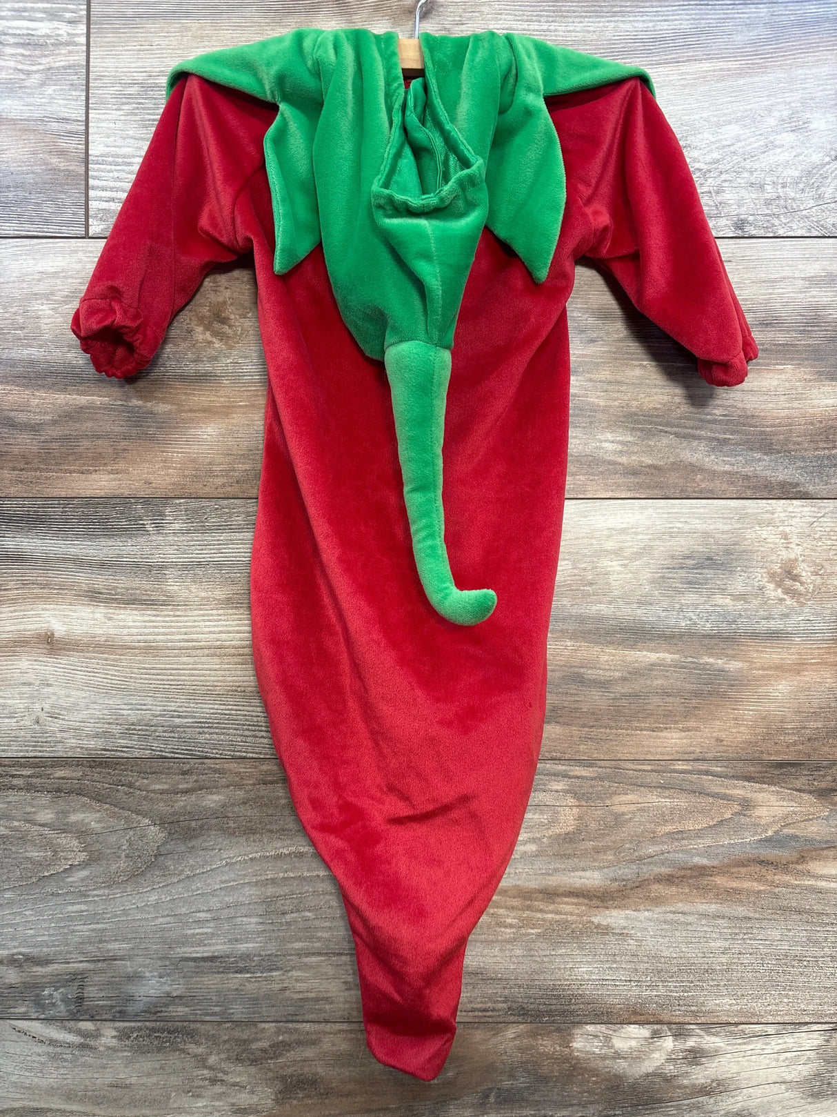 Red chili pepper costume with green stem, perfect for kids' Halloween or dress-up fun.