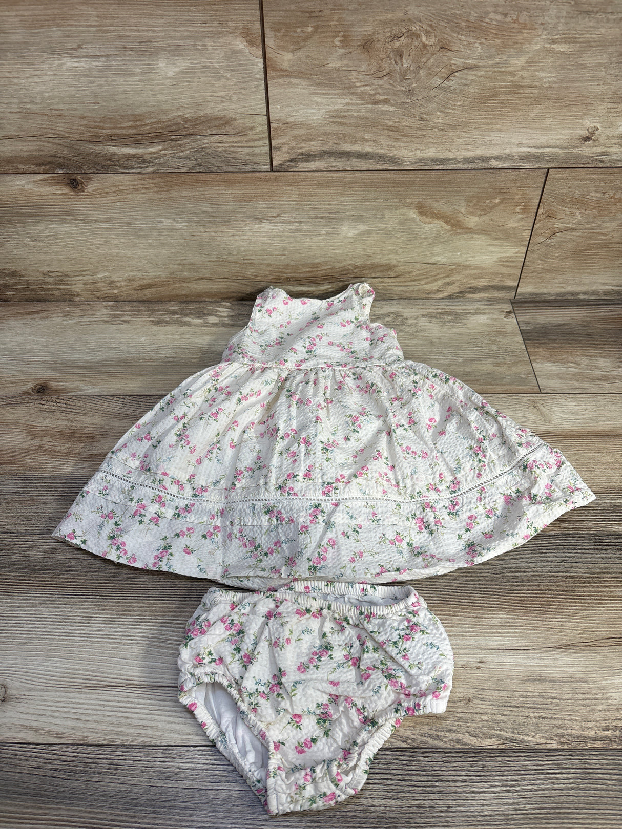 Ralph Lauren 2pc Textured Sleeveless Floral Dress & Bloomers Set Ivory sz 9m